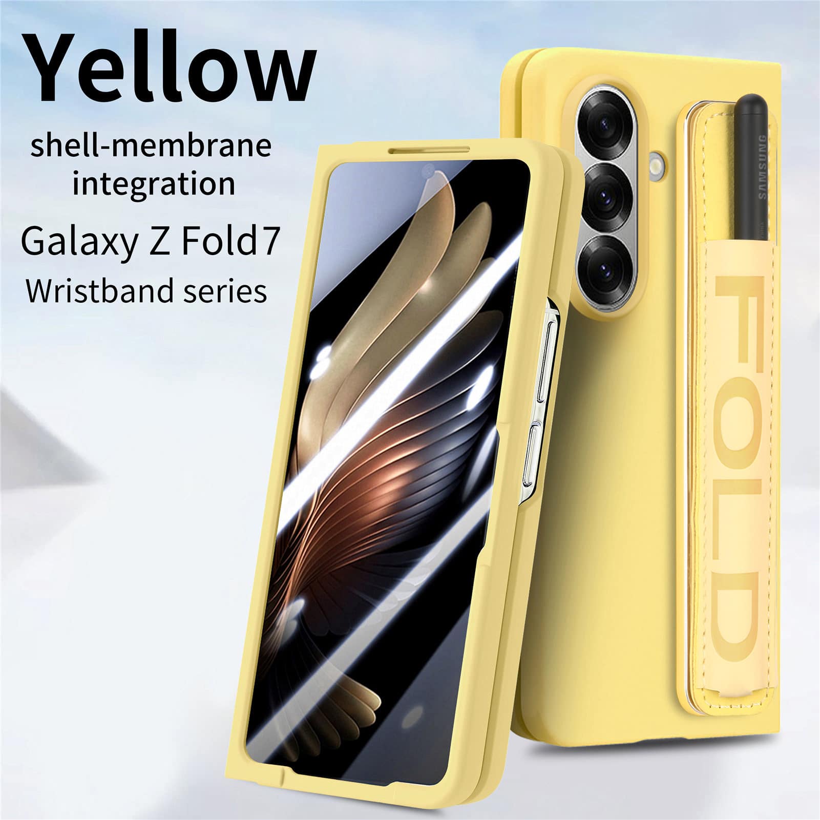 Dteck - Shockproof Wristband Phone Case for Samsung Galaxy Z Fold7 with Screen Protector, Slim Hard PC TPU Full Protective Cover - Yellow