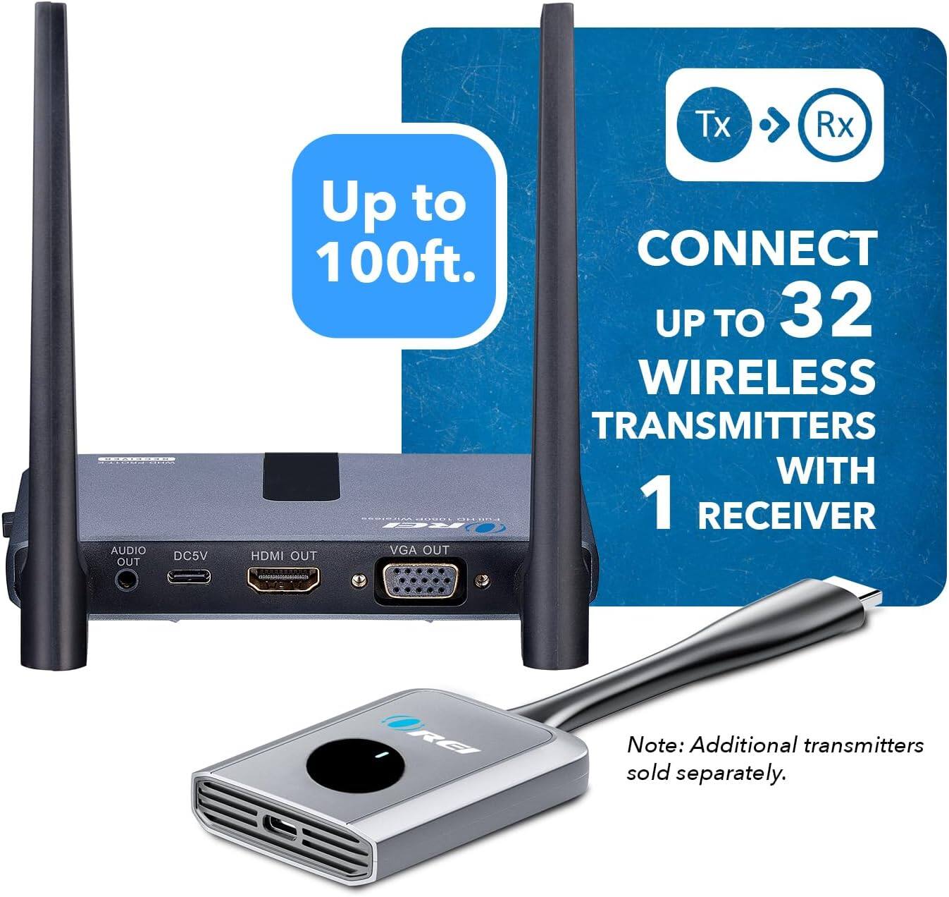 AUDIO OUT DC5V Tx Rx Up to 100ft. CONNECT UP TO 32 WIRELESS TRANSMITTERS WITH 1 RECEIVER VGA OUT HDMI OUT RE Note: Additional transmitters sold separately.