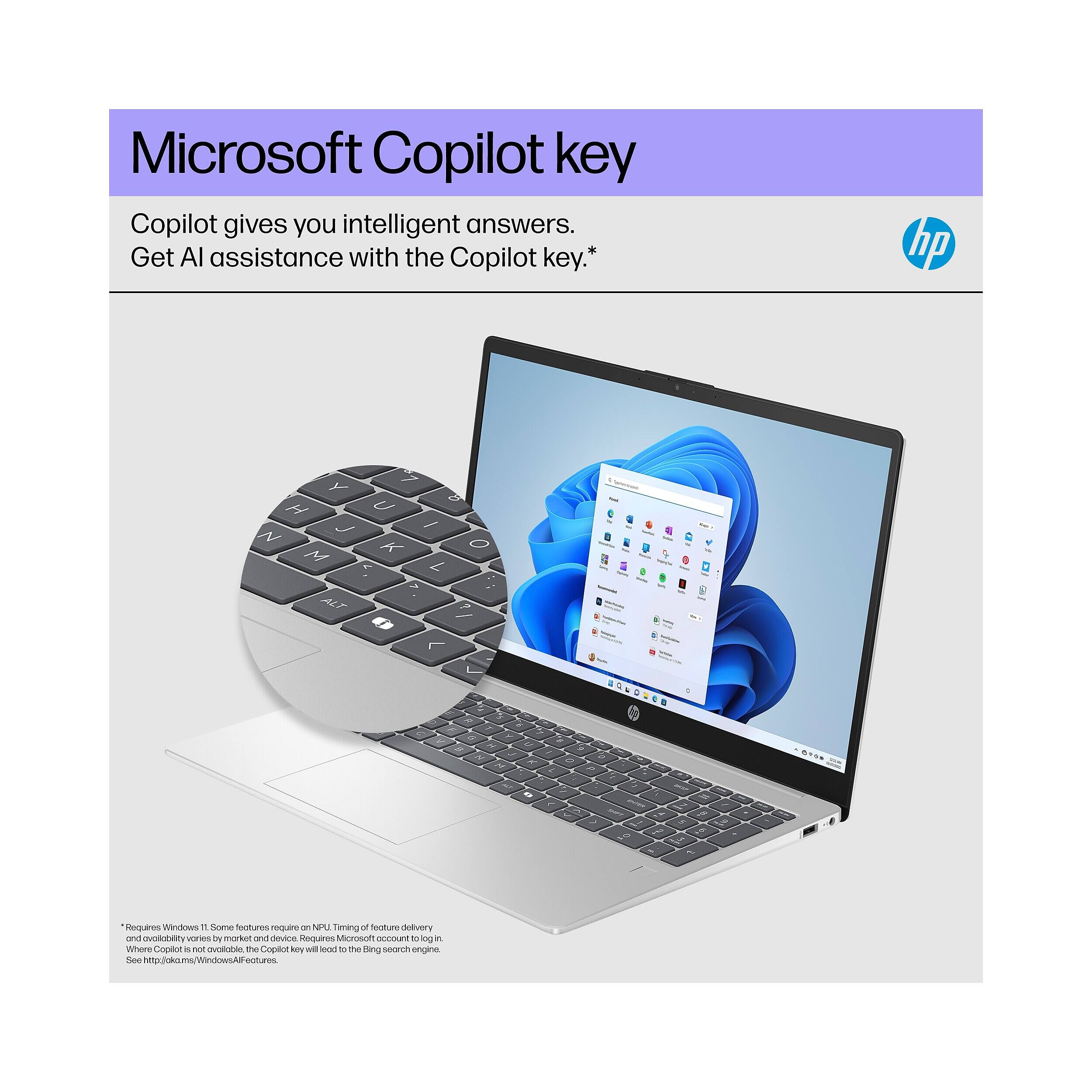 Microsoft Copilot key  
Copilot gives you intelligent answers. Get AI assistance with the Copilot key.*

hp

Requires Windows 11. Some features require an NPU. Timing of feature delivery and availability varies by market and device. Requires Microsoft account to log in. Where Copilot is not available, the Copilot key will lead to the Bing search engine. See [oko.ms/WindowsAlFeatures](http://oko.ms/WindowsAlFeatures).
