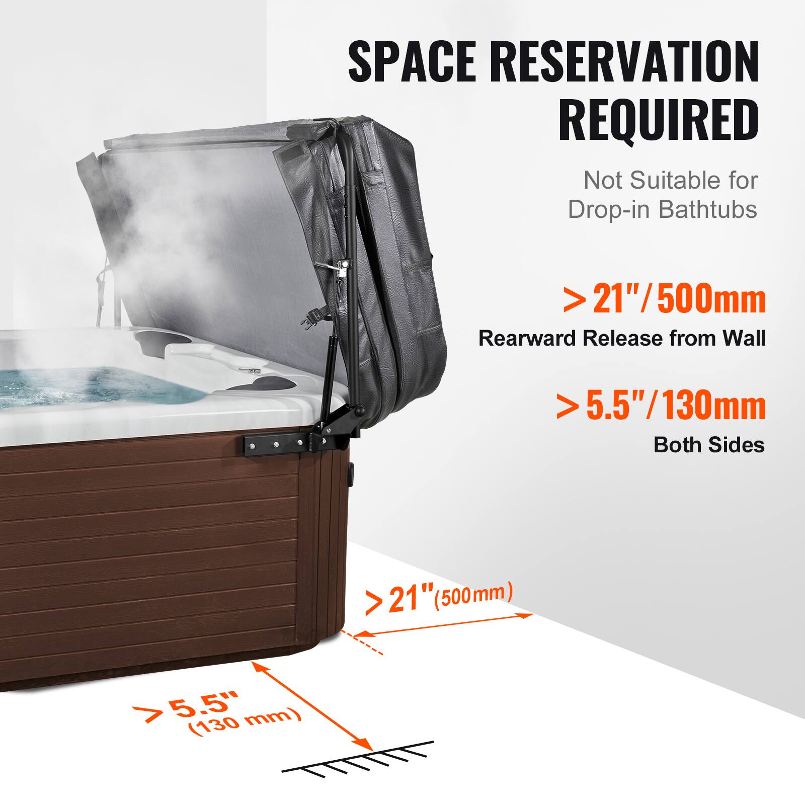 SPACE RESERVATION REQUIRED  
Not Suitable for Drop-in Bathtubs  
> 21"/500mm Rearward Release from Wall  
> 5.5"/130mm Both Sides  
> 21" (500mm)  
> 5.5" (130mm)