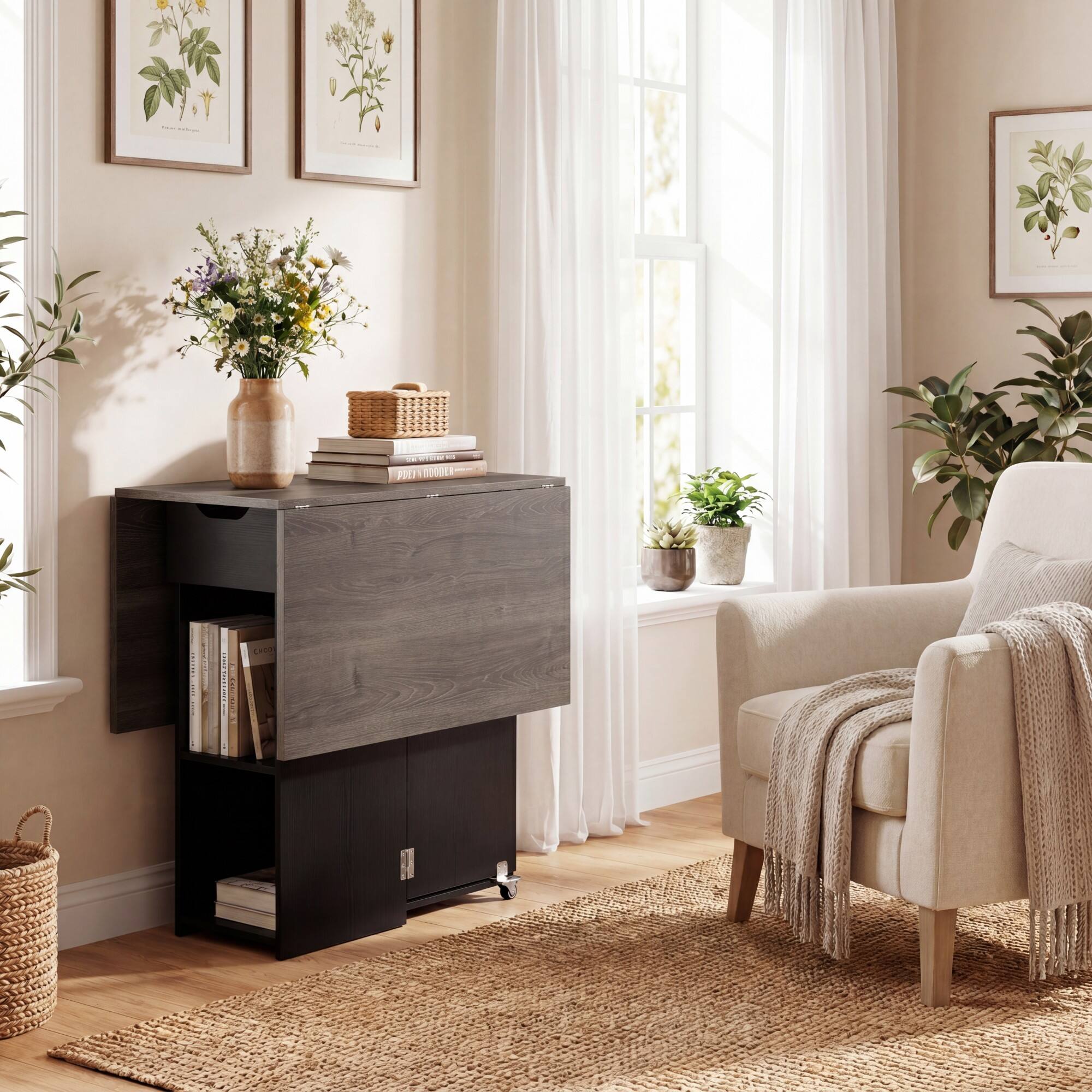 Alt View 4. Costway - Costway Folding Dining Table for 2-4 with 2 Open Shelves Drawer 2 Lockable Universal Wheels - Gray Oak+Black.