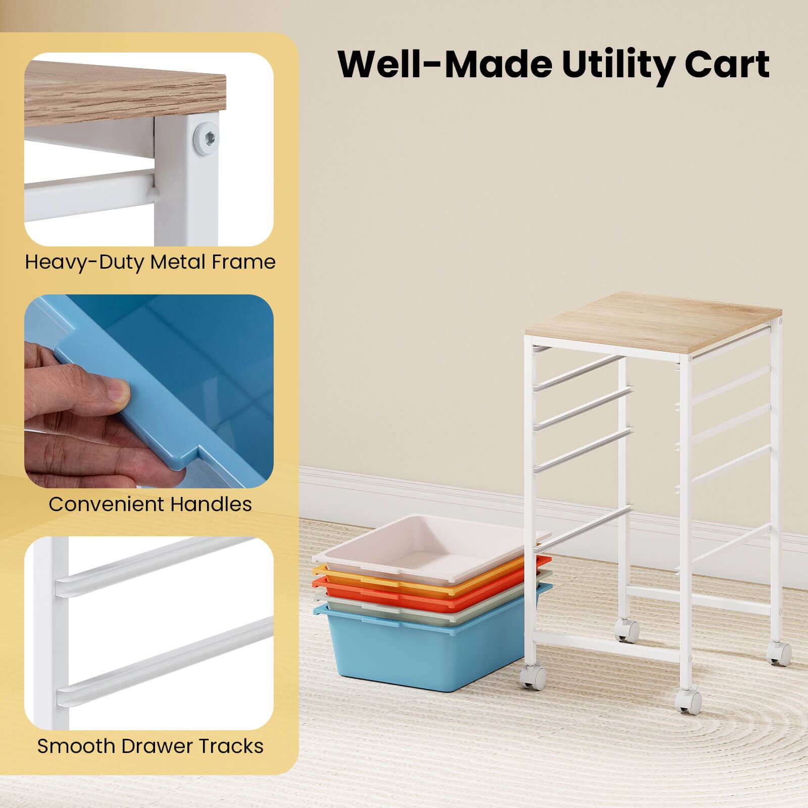 Well-Made Utility Cart  
Heavy-Duty Metal Frame  
Convenient Handles  
Smooth Drawer Tracks