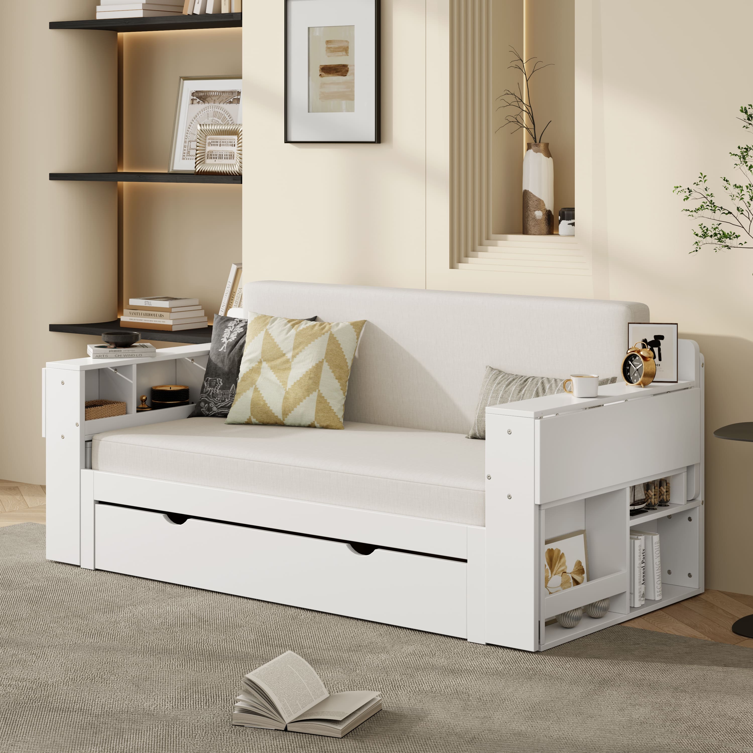 Anysun - Full Size Daybed with Removable Desk, Storage Drawers & Hydraulic Side Table - White