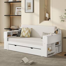 Anysun - Full Size Daybed with Removable Desk, Storage Drawers & Hydraulic Side Table - White