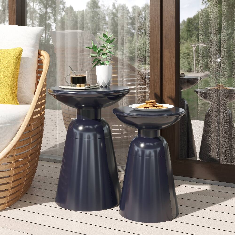 Loheer - Outdoor Iron Side Tables Set of 2 Modern Flared Design Metal Accent Tables for Patio - Navy Blue