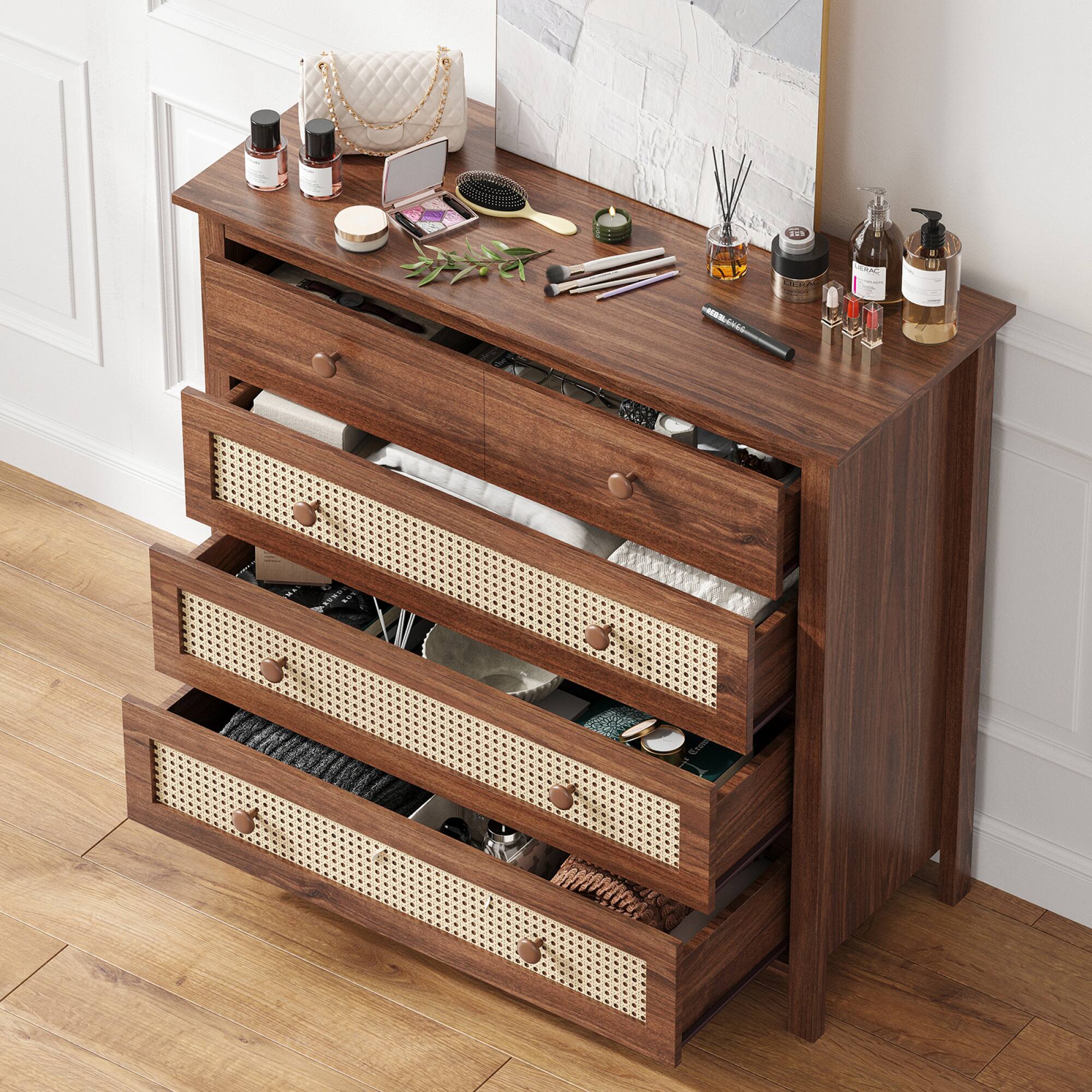 Angle. GOODSILO - Modern Sideboard Buffet Cabinet with Drawers and Rattan Accents for Kitchen Living Room Dining Room Hallway - Walnut.
