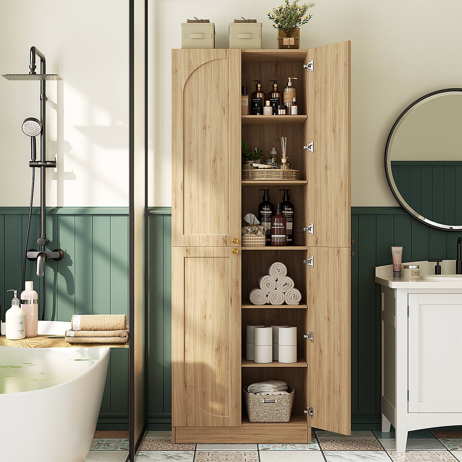 Alt View 1. Aheaplus - 80" Tall Arched Storage Cabinet: 4-Door 6-Tier Wooden Pantry w/Adjustable Shelves, Wall-Fit for Home/Office/Kitchen - Natural Oak.