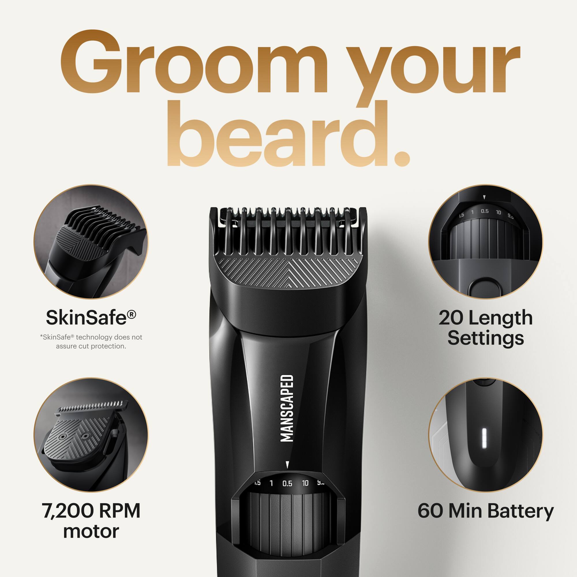 Groom your beard. 1 1 D.S to ae SON 1 R SkinSafe *SkinSafe technology does not assure cut protection. MANSCAPED 1 20 Length Settings  1 0.5 10 3. 7,200 RPM motor 60 Min Battery