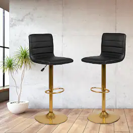 Emma + Oliver - Modern Vinyl Adjustable Height Barstool with Horizontal Stitch Back, Set of 2 - Black Vinyl/Gold Frame