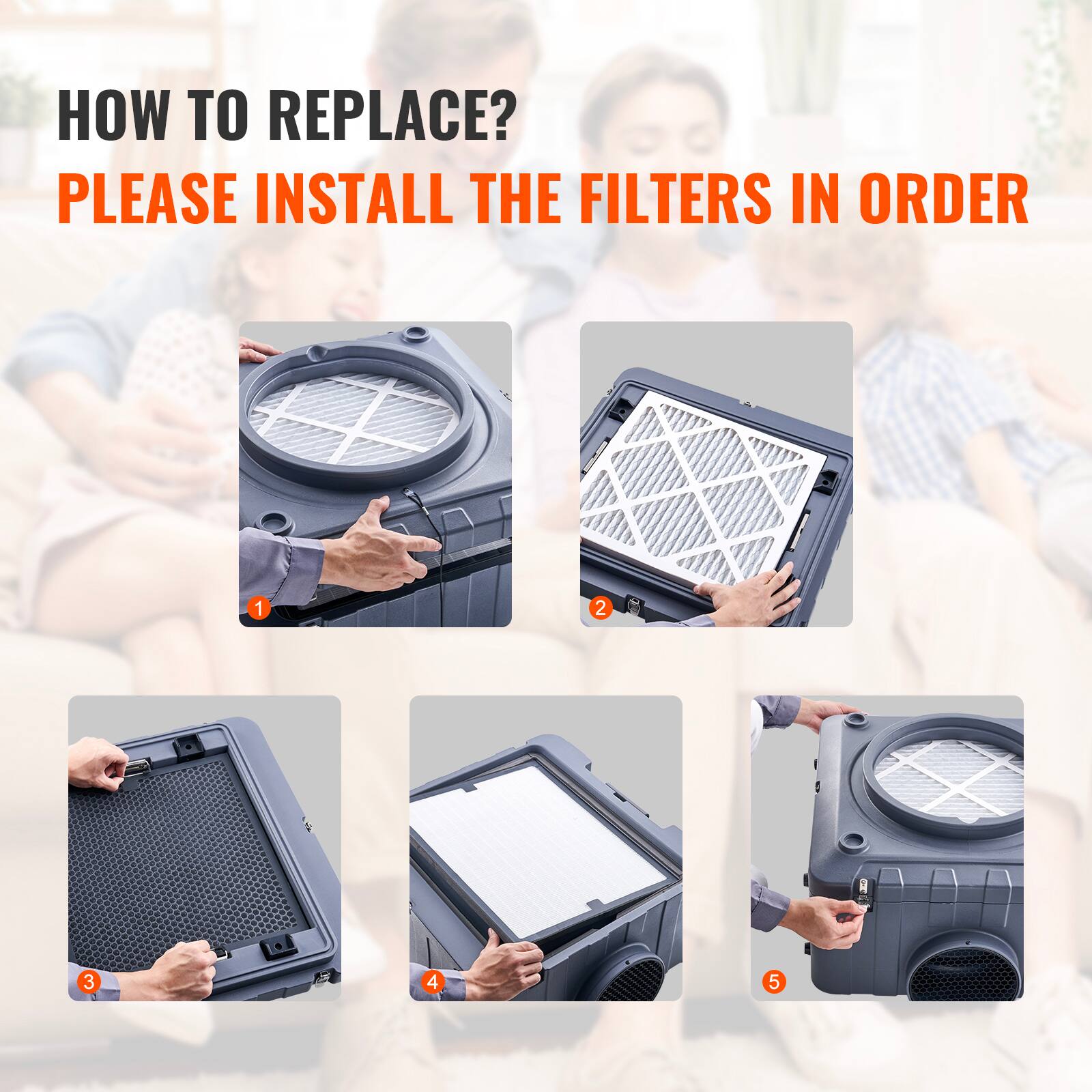 HOW TO REPLACE?  
PLEASE INSTALL THE FILTERS IN ORDER

1.  
2.  
3.  
4.  
5.