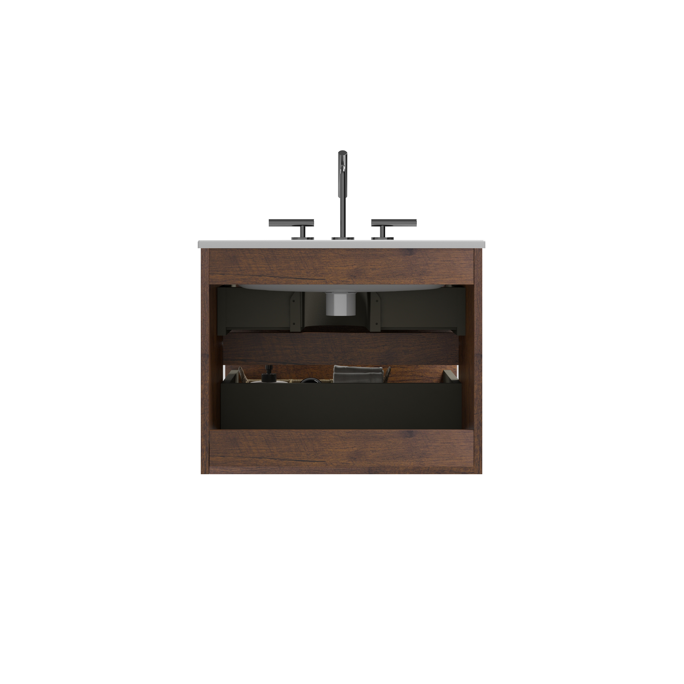 Alt View 4. Boyel Living - 24 Inch Walnut Bathroom Vanity with Ceramic Sink, Large Storage, Floating Design, One-Piece Basin, Pre-Assembled - Walnut.