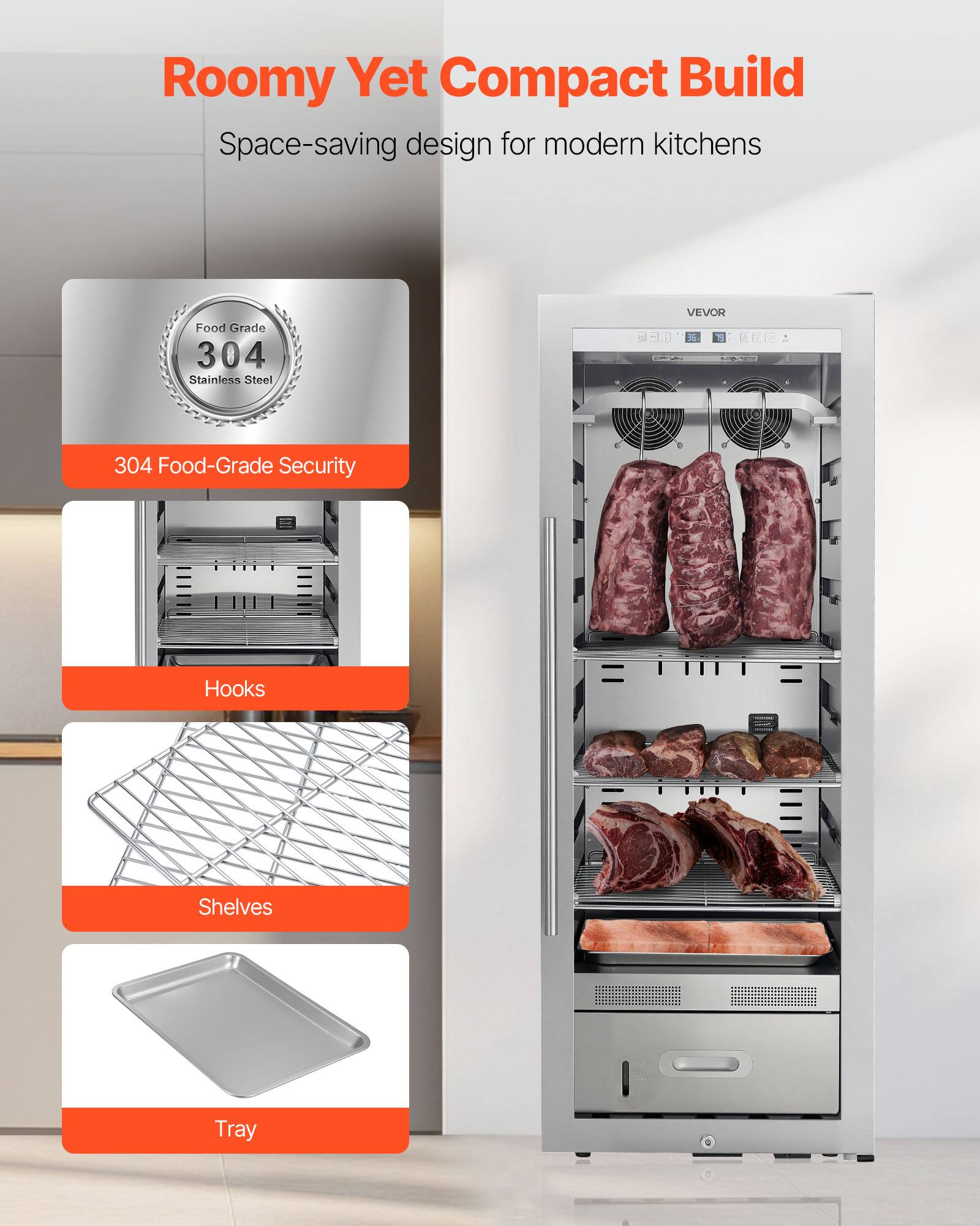 Roomy Yet Compact Build  
Space-saving design for modern kitchens  

304 Food-Grade Security  
Hooks  
Shelves  
Tray