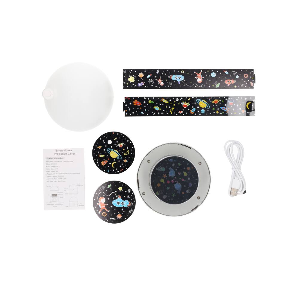 Sure, here is the corrected and grouped text from the image:

---

**Snow House Projection Lamp**

- **Model:** SHPL-001
- **Power:** 5V/1A
- **Material:** ABS Plastic
- **Size:** 15cm x 15cm x 15cm
- **Weight:** 0.5kg
- **Battery:** 3.7V 2000mAh Li-ion Battery
- **Charging Time:** 2-3 hours
- **Working Time:** 3-5 hours
- **Projection Distance:** 1-3 meters
- **Color:** White
- **Warranty:** 1 year

---

This text is likely from the product packaging or manual of the Snow House Projection Lamp.