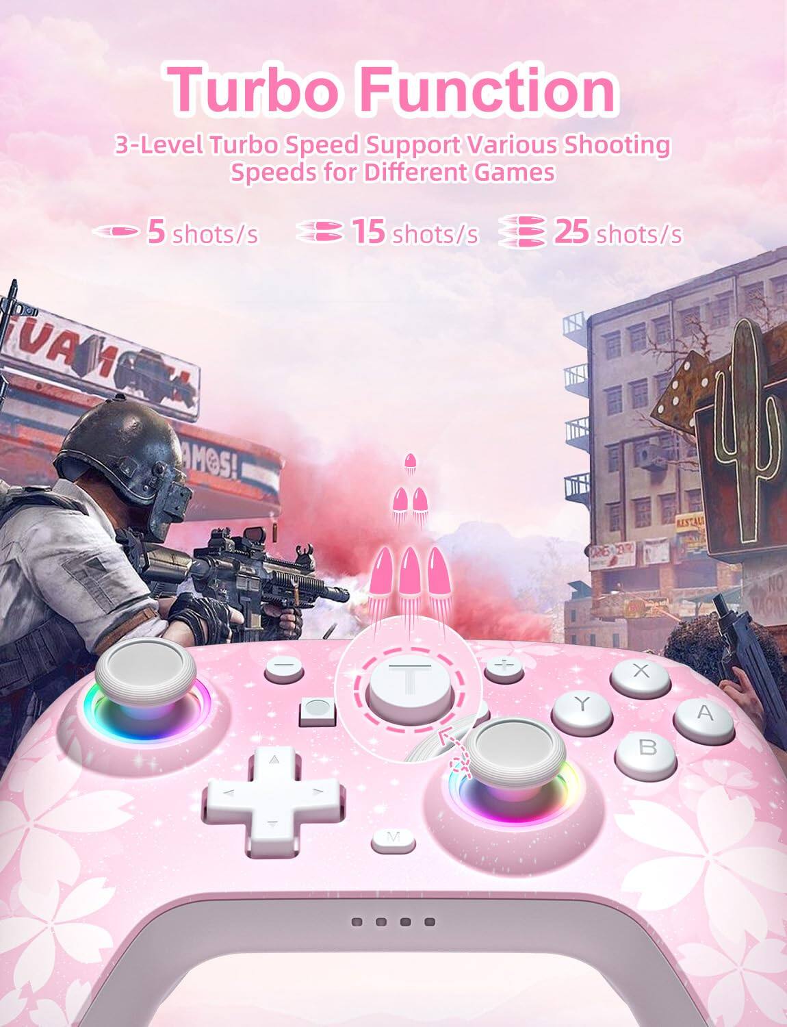 Turbo Function  
3-Level Turbo Speed Support Various Shooting Speeds for Different Games  
5 shots/s  
15 shots/s  
25 shots/s