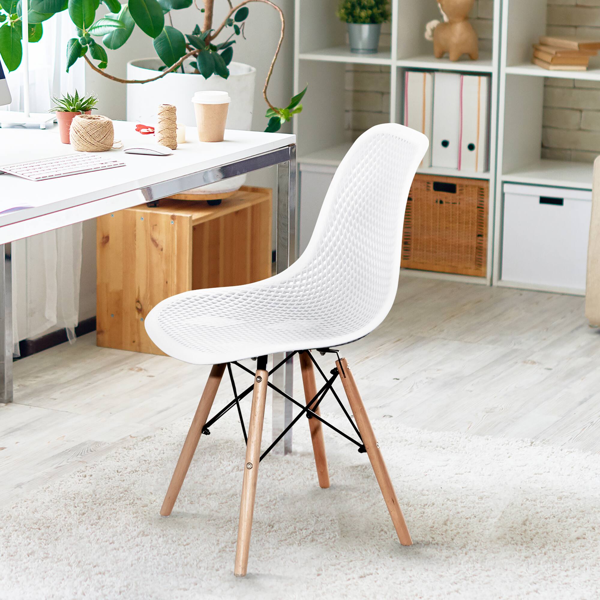 Alt View 2. Costway - Costway Set of 4 Plastic Hollow Out Chair Mid Century Modern Wood-Leg Seat White - White.