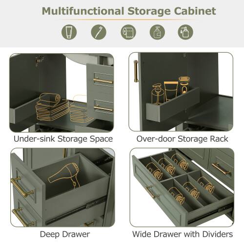 Multifunctional Storage Cabinet

- Under-sink Storage Space
- Over-door Storage Rack
- Deep Drawer
- Wide Drawer with Dividers