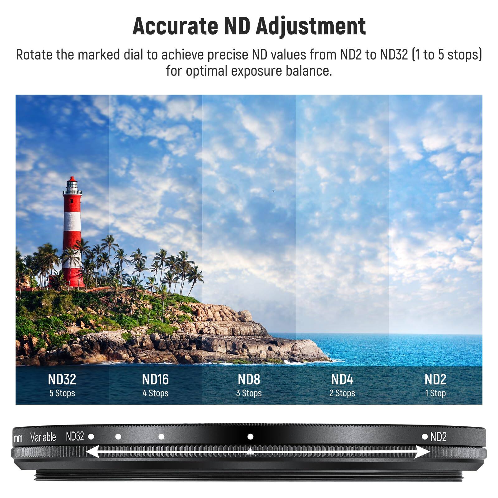 Accurate ND Adjustment

Rotate the marked dial to achieve precise ND values from ND2 to ND32 (1 to 5 stops) for optimal exposure balance.

ND32 5 Stops  
ND16 4 Stops  
ND8 3 Stops  
ND4 2 Stops  
ND2 1 Stop  

mm Variable ND32