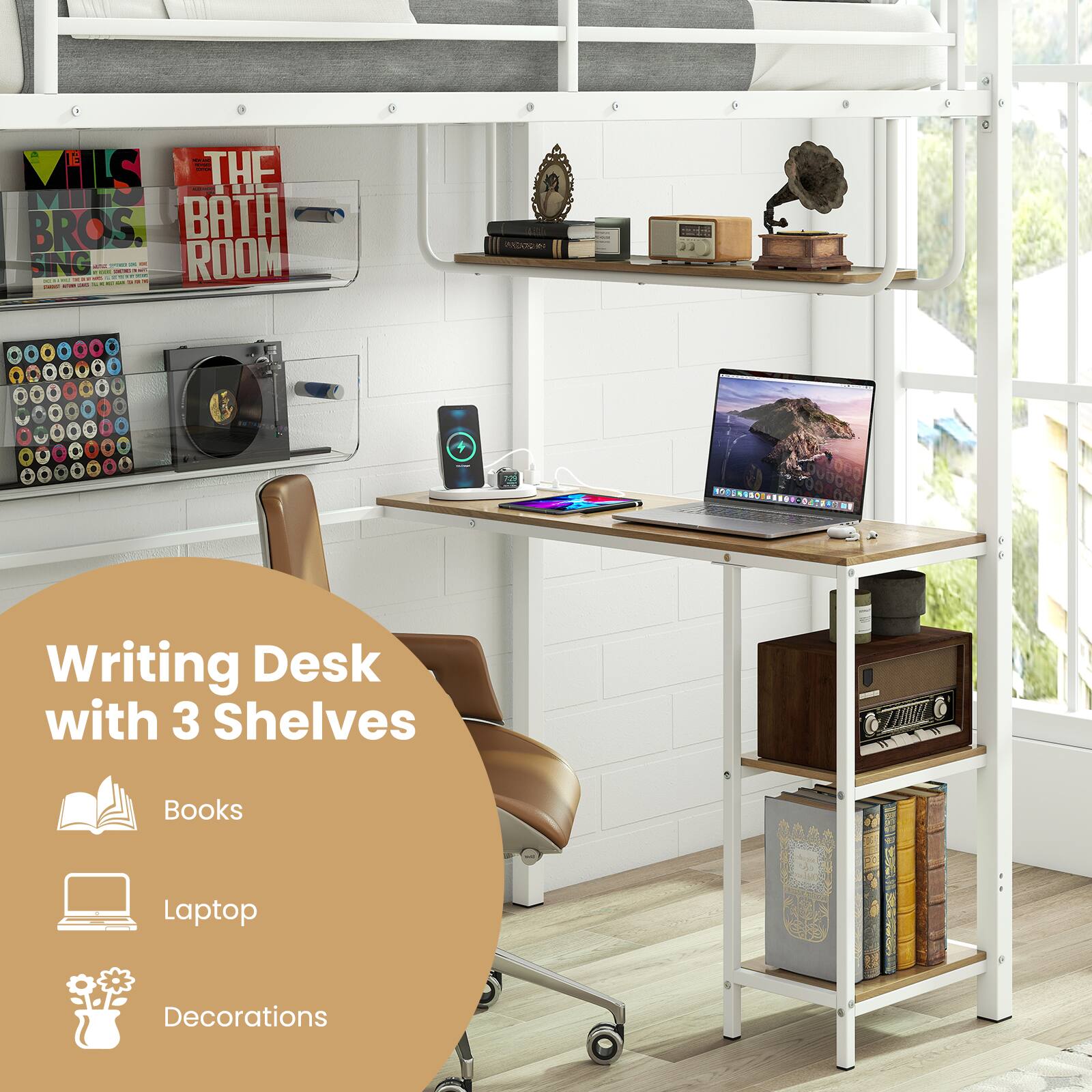 E - VillS - THE | VILK BROS. BATH SING D I - : - - : : I I : : I - 1  ROOM 1 1 : i - PADOG P 1 . +  + -  1 4 - + . + + 1 + . + -e  SORS.S 0ddor 10od Writing Desk with 3 Shelves Books Laptop Decorations