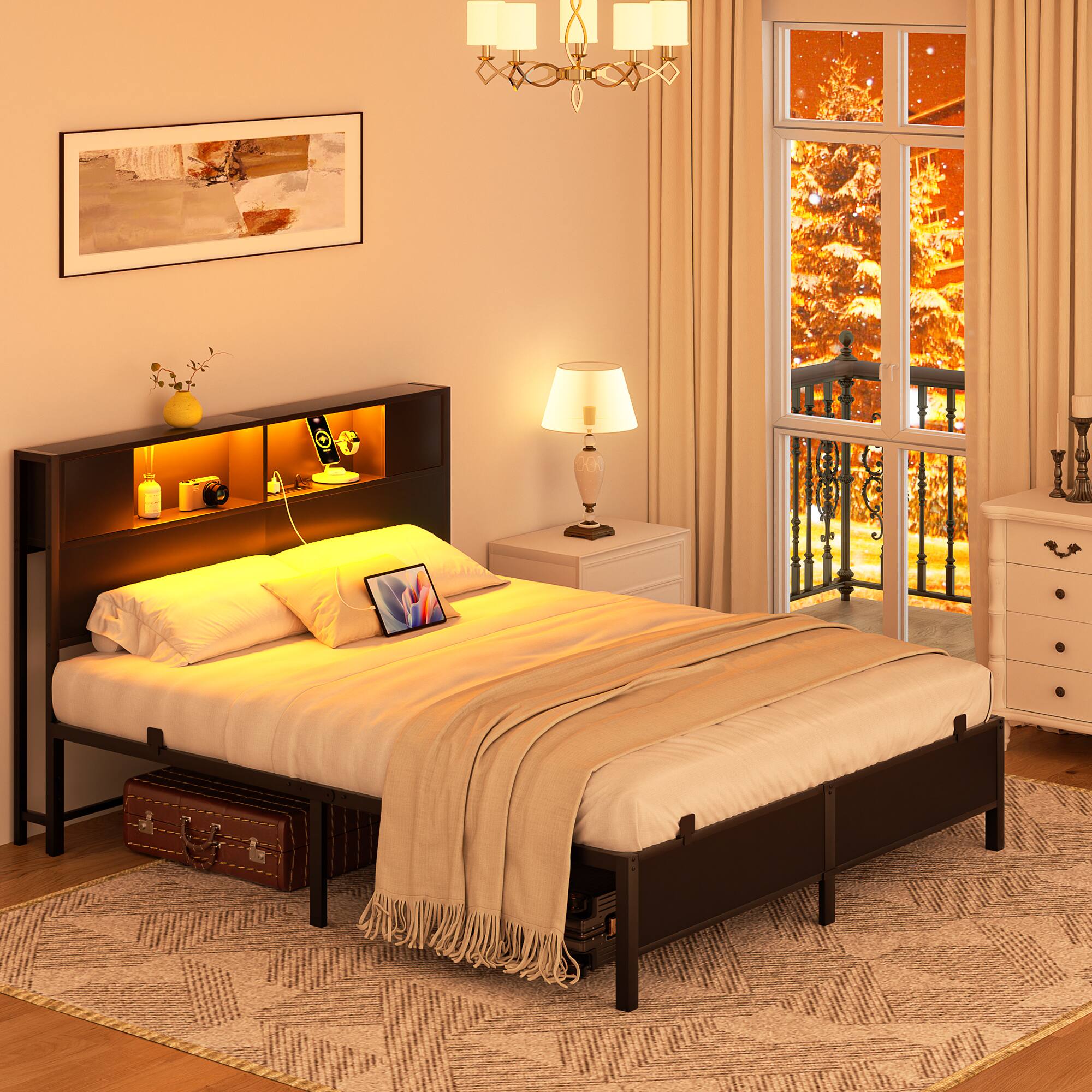 Left. Aheaplus - Industrial Metal Bed Frame: Storage Headboard / Charging, LED Lights, Steel Slats, No Box Spring, Easy Assembly - Black.