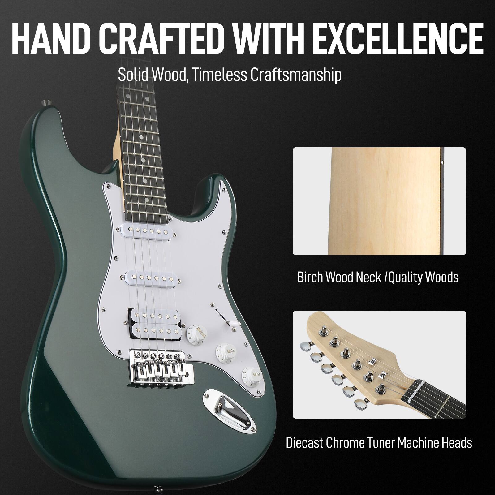 HAND CRAFTED WITH EXCELLENCE  
Solid Wood, Timeless Craftsmanship  

Birch Wood Neck / Quality Woods  

Diecast Chrome Tuner Machine Heads