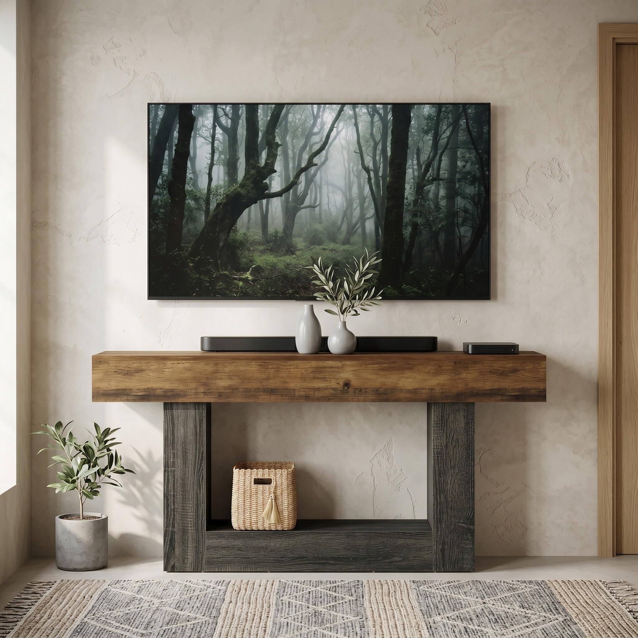 Back. Tribesigns - 63-Inch Farmhouse TV Stand with Two-Tone Wood-Grain Finish and Open Storage for TVs up to 65 Inches - Brown & Grey.