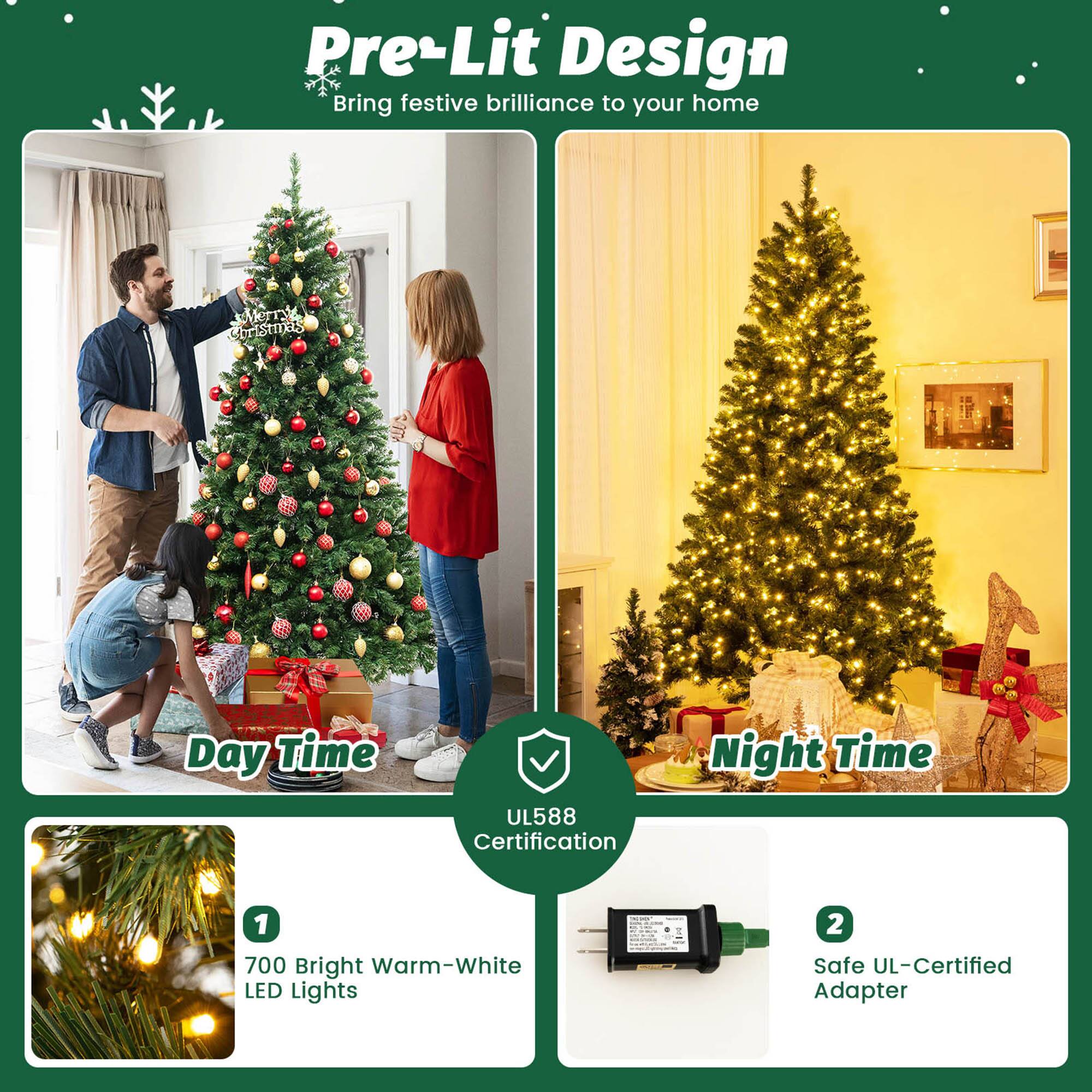 Pre-Lit Design  
Bring festive brilliance to your home  

Day Time  
Night Time  

UL588 Certification  

1. 700 Bright Warm-White LED Lights  
2. Safe UL-Certified Adapter