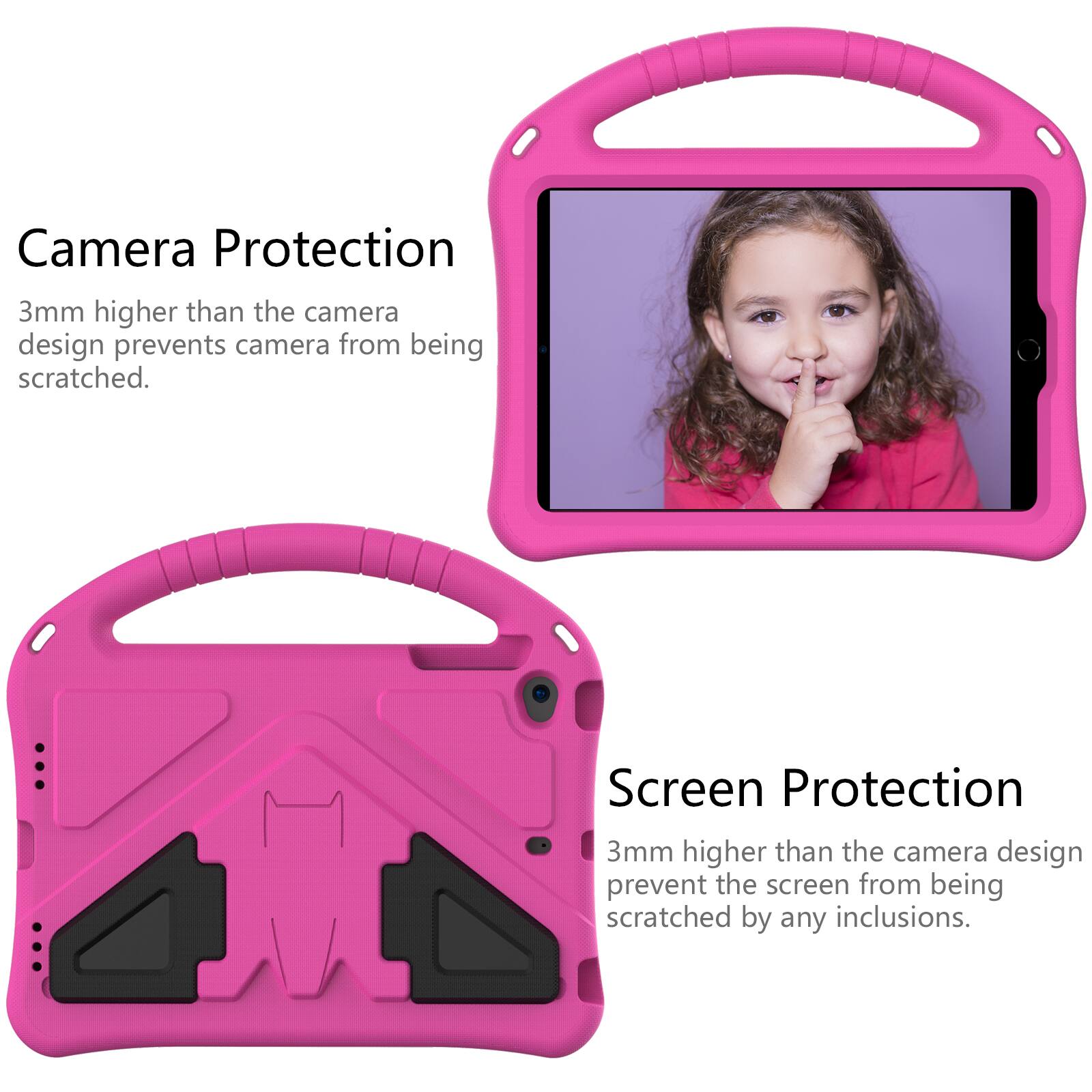 Camera Protection  
3mm higher than the camera design prevents camera from being scratched.  

Screen Protection  
3mm higher than the camera design prevent the screen from being scratched by any inclusions.