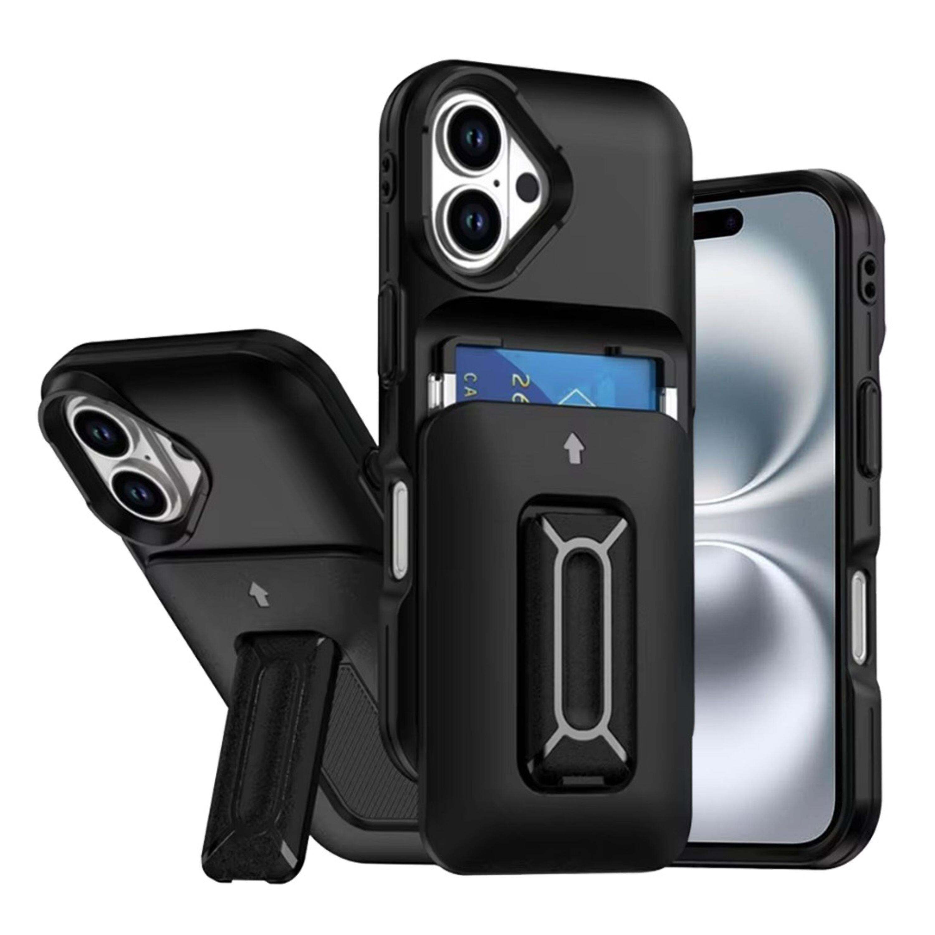 Front. Kitcheniva - Matte Finish Phone Case With Card Holder Kickstand Strap Tempered Glass For iPhone 16 Black - Black.