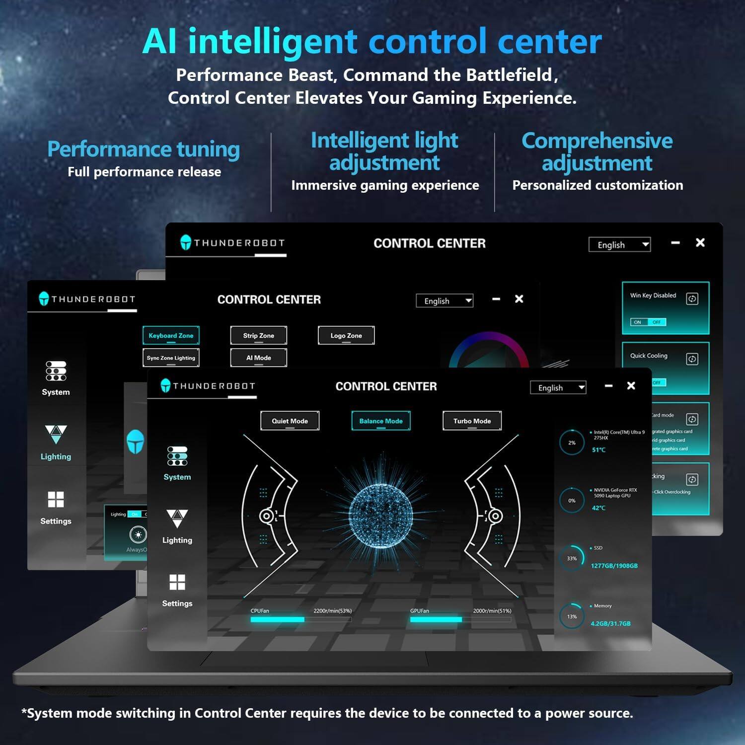 AI intelligent control center  
Performance Beast, Command the Battlefield, Control Center Elevates Your Gaming Experience.  

Performance tuning  
Full performance release  

Intelligent light adjustment  
Immersive gaming experience  

Comprehensive adjustment  
Personalized customization  

CONTROL CENTER  
- Keyboard Zone  
- Strip Zone  
- Logo Zone  
- AI Mode  
- System  
- Lighting  
- Settings  

CONTROL CENTER  
- Quiet Mode  
- Balance Mode  
- Turbo Mode  

*System mode switching in Control Center requires the device to be connected to a power source.  

English  
Win Key Disabled  
ON/OFF  
Quick Cooling  

- CPUFan: 20000/min(3390)  
- GPUFan: 20000/min(5170)  

- 25%  
- 51°C  

- 3%  
- 550W  
- 12776/19008GB  

- 1.2%  
- 4.2GB/8.17GB  

- NVIDIA GeForce RTX 2080 Ti  
- 2575MHz  
- 42°C  
- 4096 Laptop GPU  

- Memory  
-