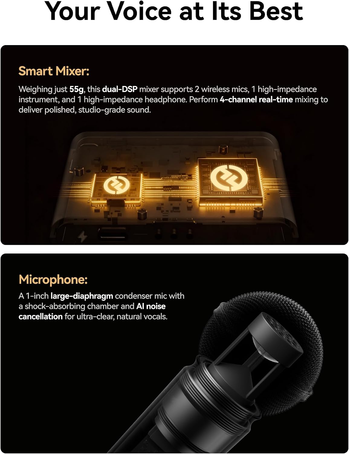 Your Voice at Its Best

Smart Mixer:
Weighing just 55g, this dual-DSP mixer supports 2 wireless mics, 1 high-impedance instrument, and 1 high-impedance headphone. Perform 4-channel real-time mixing to deliver polished, studio-grade sound.

Microphone:
A 1-inch large-diaphragm condenser mic with a shock-absorbing chamber and AI noise cancellation for ultra-clear, natural vocals.