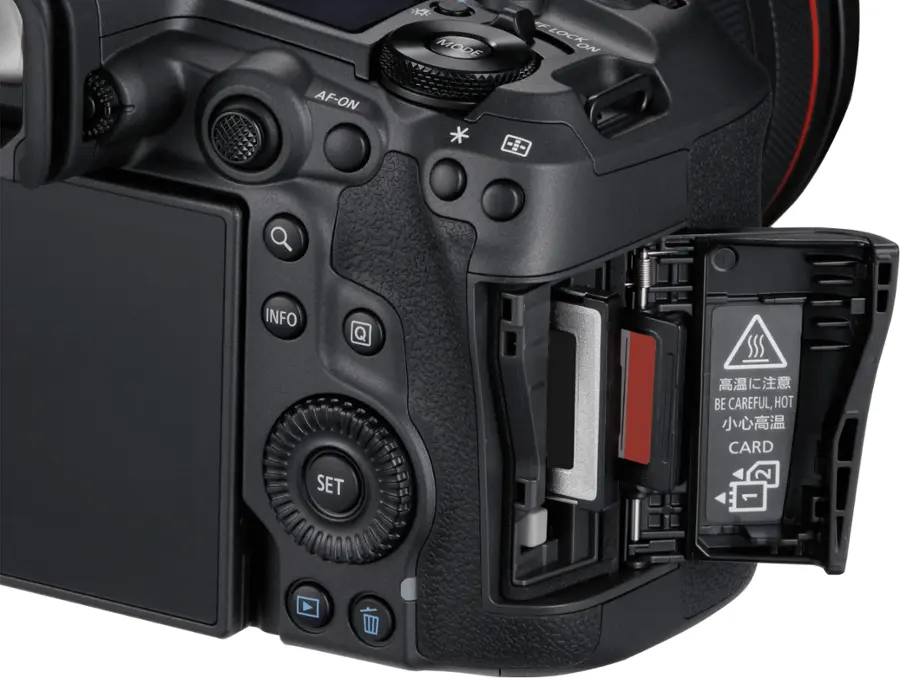 The text on the image reads: "AF-ON MODE * F ELECTRONIC INFO * BE CAREFUL, HOT CARD SET."