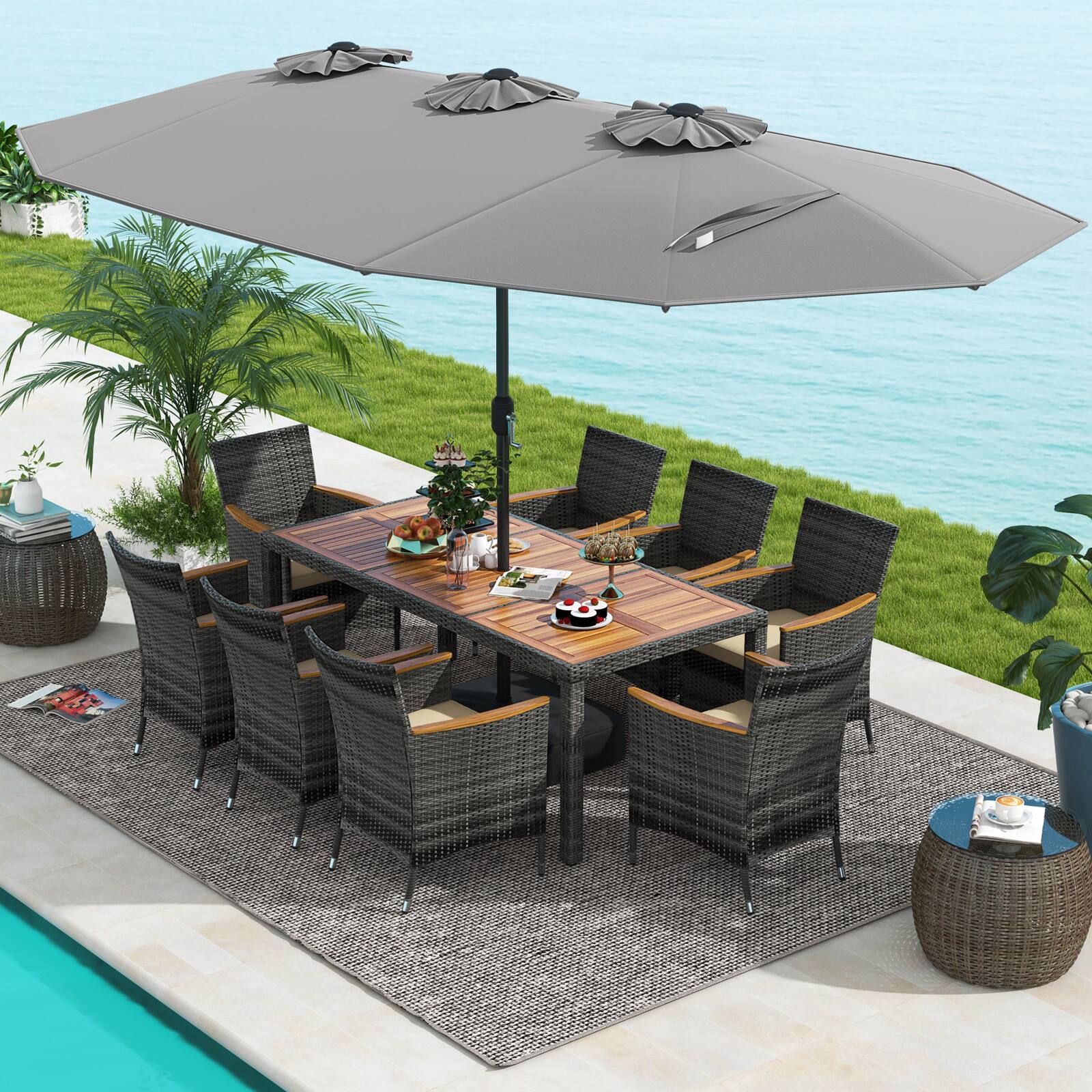 Alt View 3. Costway - 10 Pieces Patio Wicker Dining Set with Double-Sided Patio Umbrella 8 Armchairs - Grey,Mix Brown.