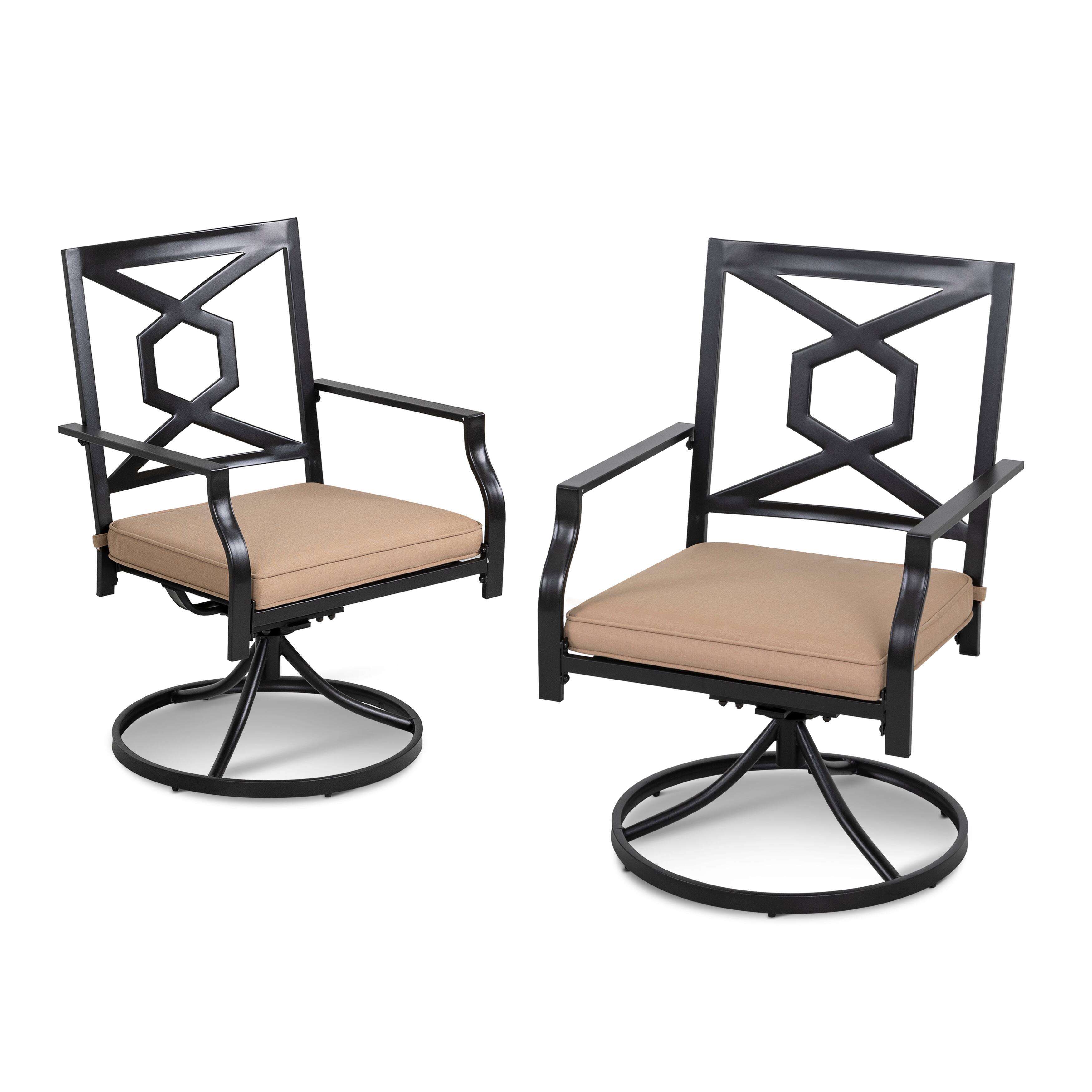 Front. Nuu Garden - Outdoor Patio Swivel Chair Set of 2 Iron Dining Rocker Chairs - Black and Beige.