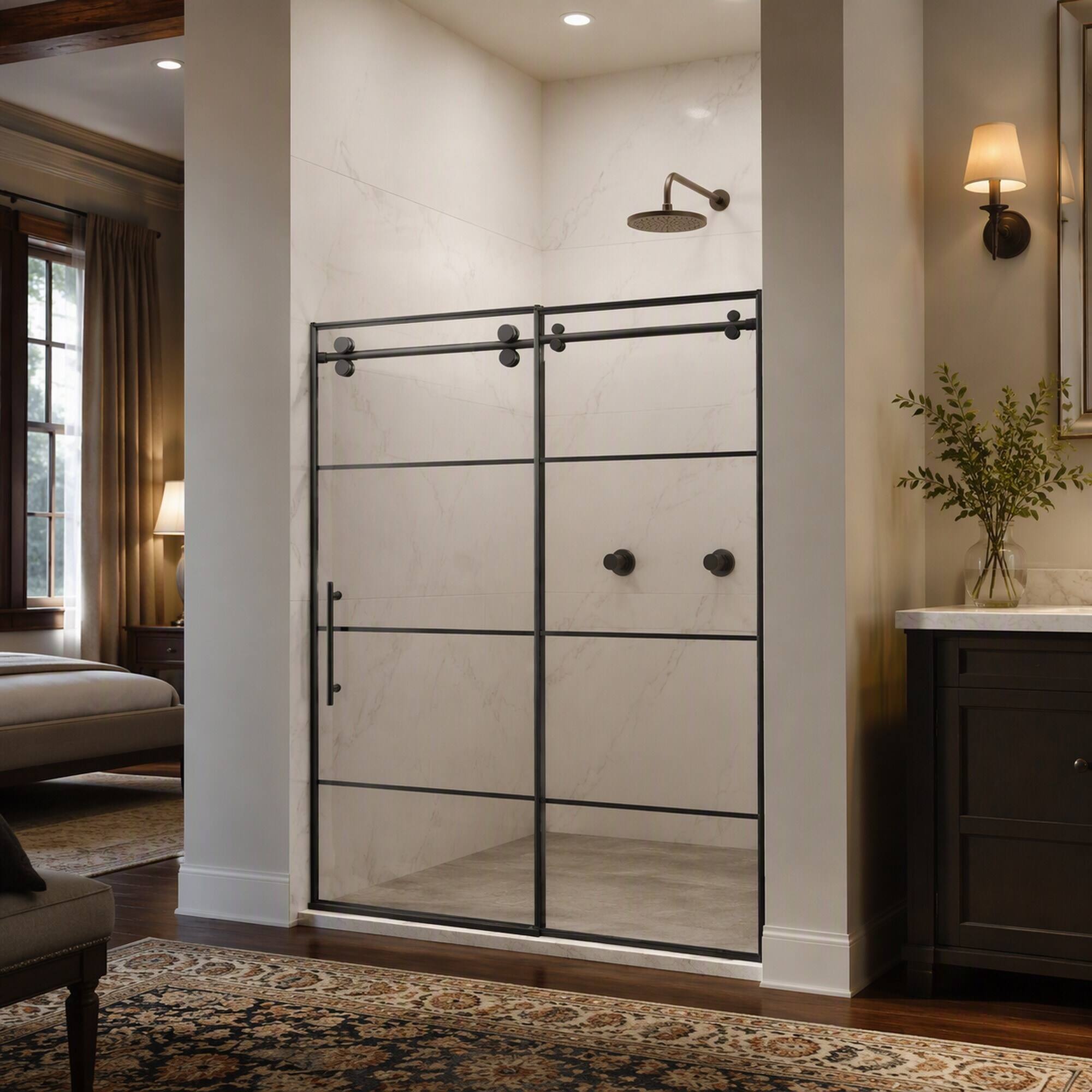 Alt View 1. RYHNUYNE - 56-60 In W X 72 In H Frameless Sliding Shower Door, 5/16 In Clear Tempered Glass With Matte Black Handles - Matte Black.