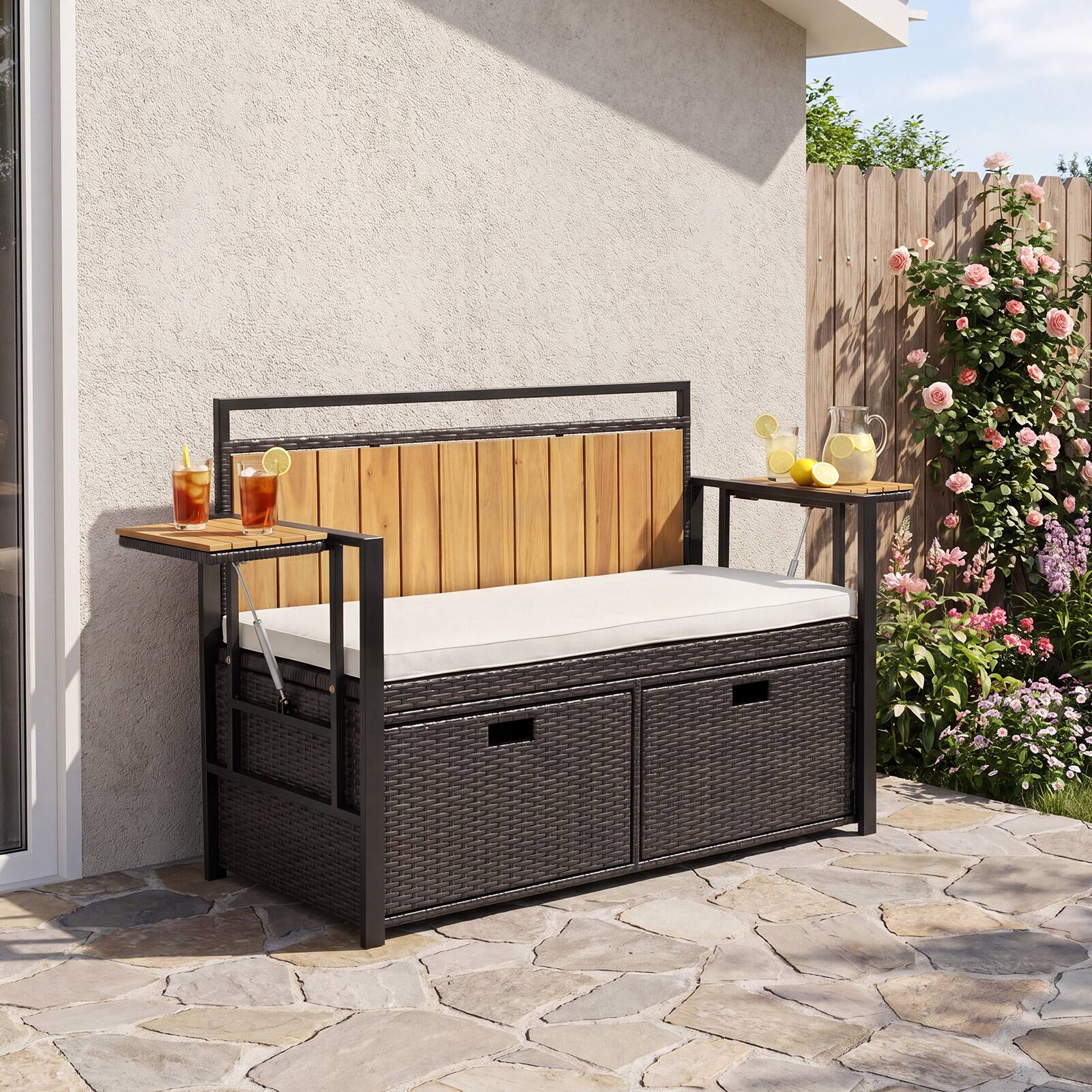 Alt View 3. Costway - Costway Patio Storage Bench with 2 Folding Side Tables,2-Seater Rattan Bench Seat with Cushion - Brown + White + Natural.