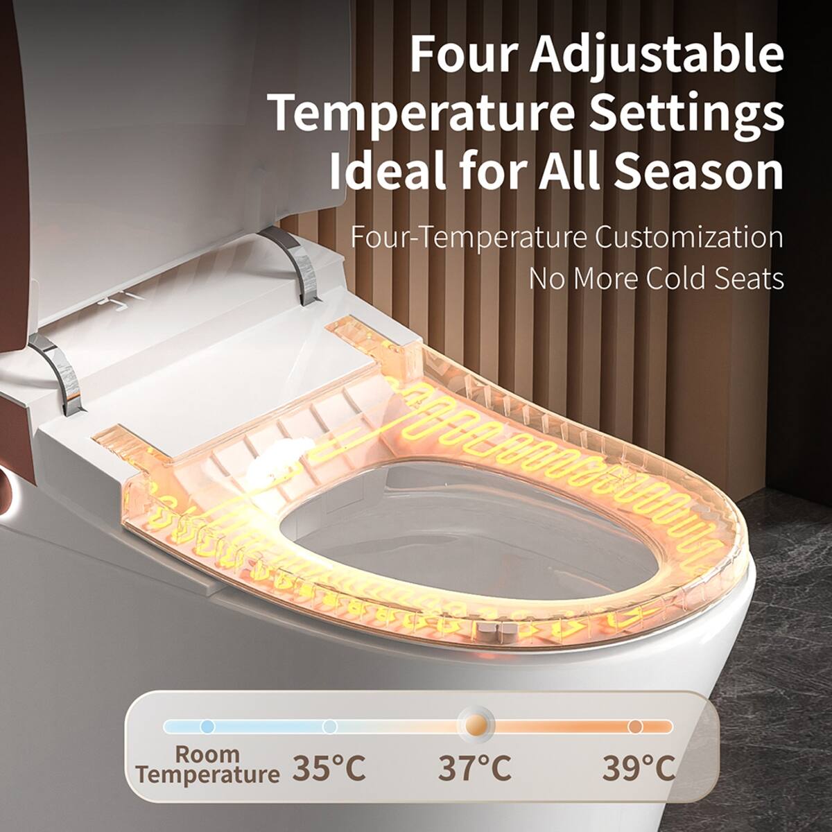 Four Adjustable Temperature Settings Ideal for All Season  
Four-Temperature Customization  
No More Cold Seats  

Room Temperature  
35°C 37°C 39°C