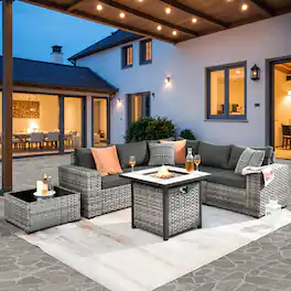 Ovios - 7 PCS Patio Furniture Set Sectional Sofa with Coffee Table and 30" Fire Pit Table - Black