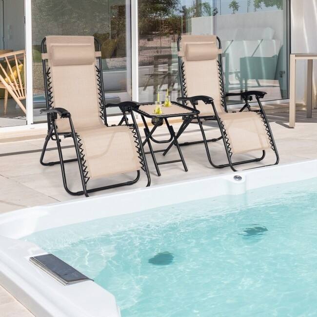 Back. Hivvago - 3 Piece Folding Portable Reclining Lounge Chairs Table Set Tan - Tan.