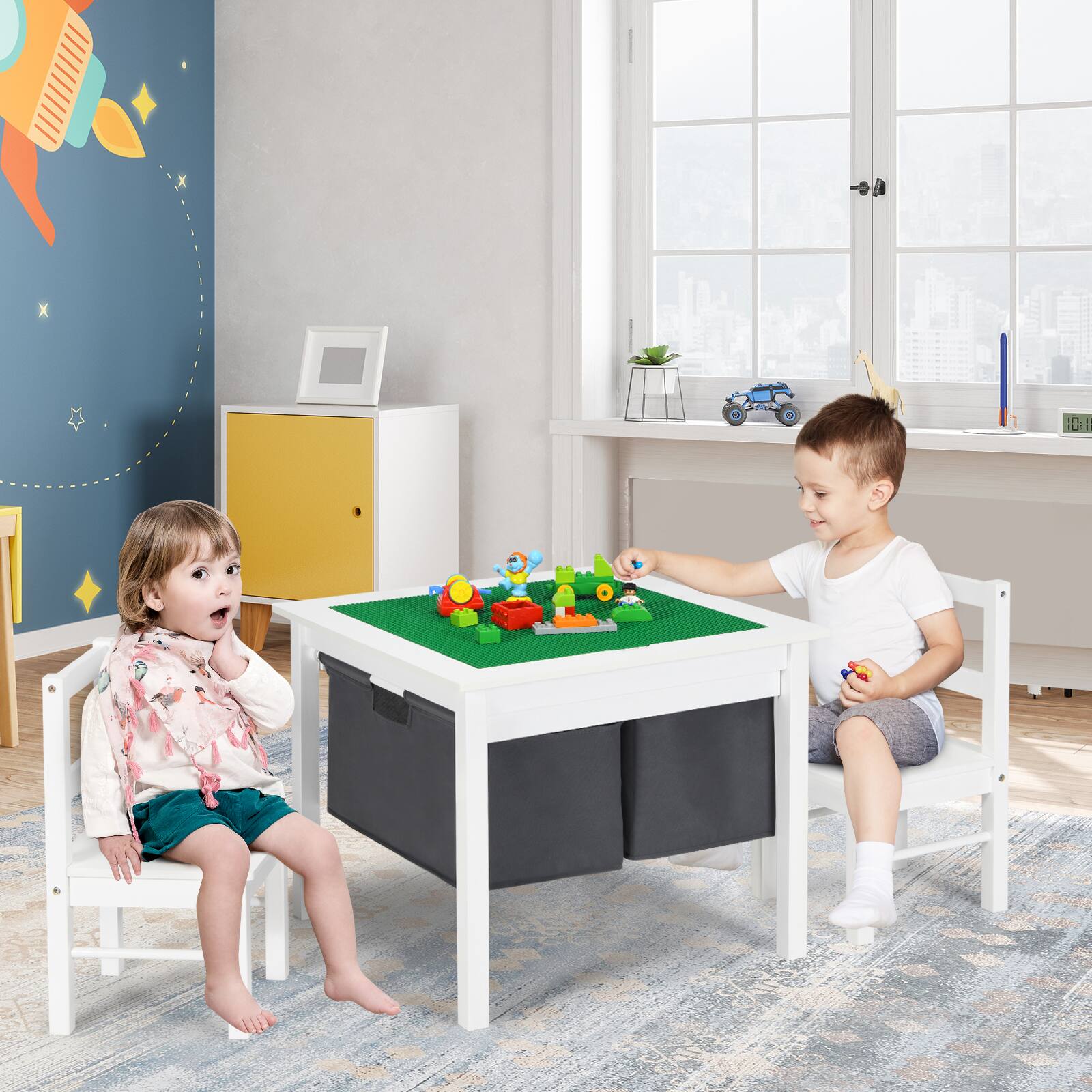 Alt View 7. Costway - Costway 2-in-1 Kids Activity Table & 2 Chairs Set w/Storage Building Block Table - White.
