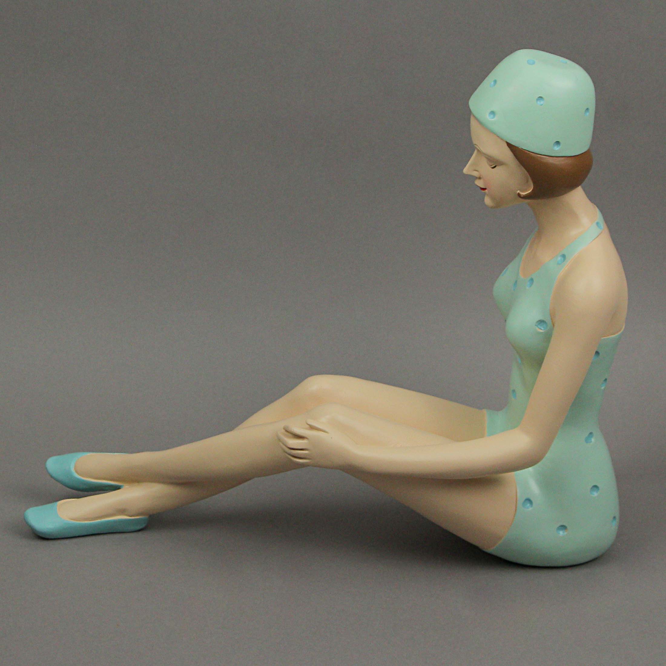 Alt View 2. Fancy That - Retro Bathing Beauty Beach Girl Relaxing In Light Blue Polka Dot Swimsuit Statue - Light Green.