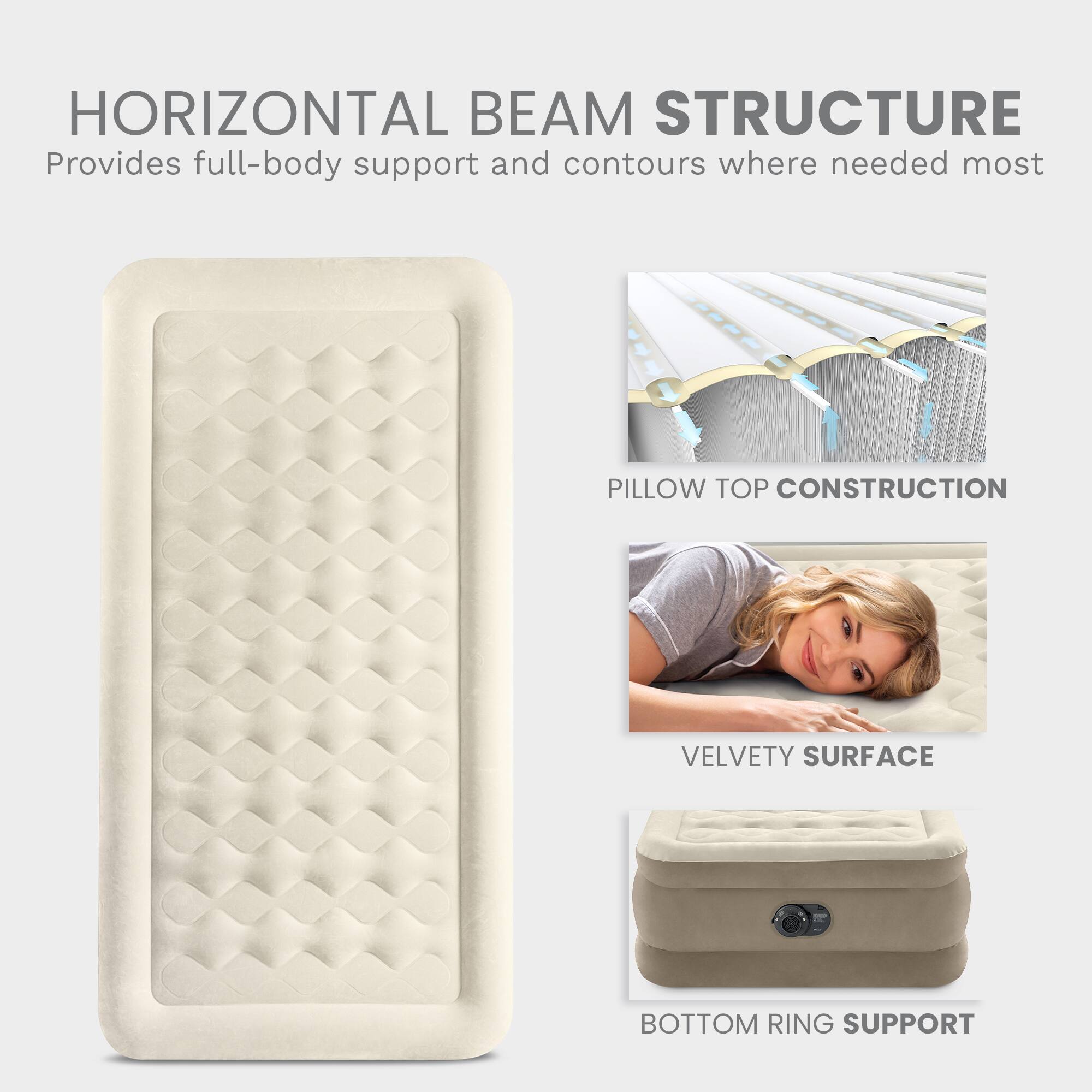 HORIZONTAL BEAM STRUCTURE  
Provides full-body support and contours where needed most  

PILLOW TOP CONSTRUCTION  

VELVETY SURFACE  

BOTTOM RING SUPPORT