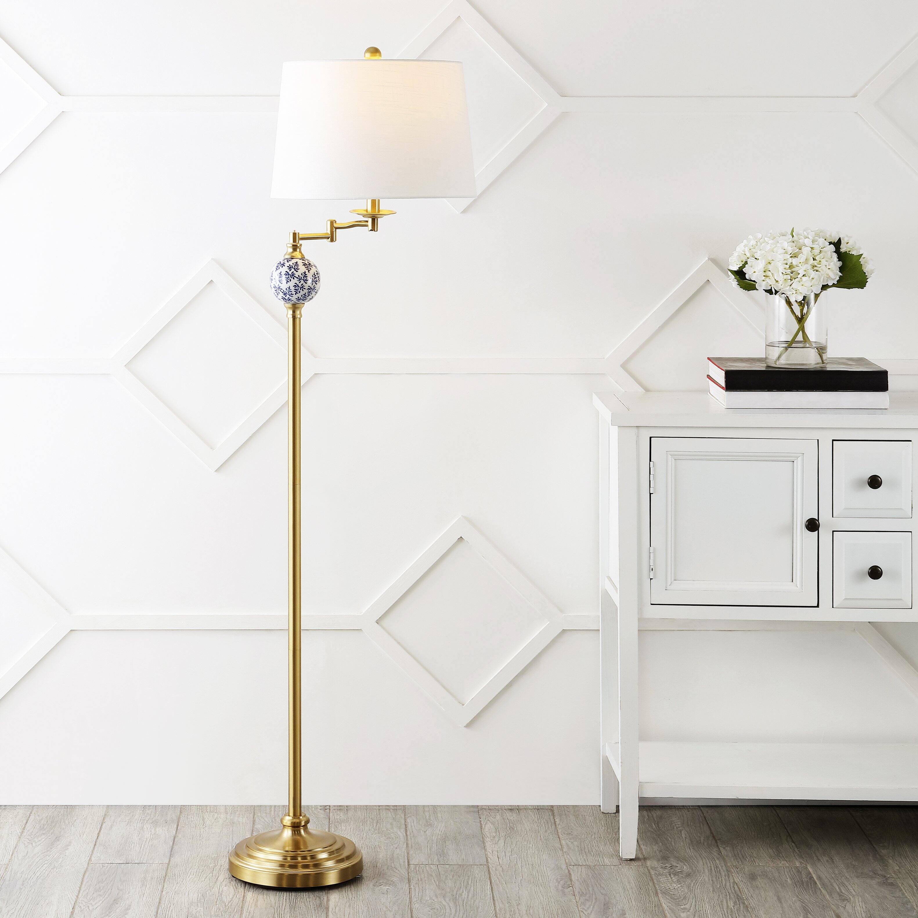 Alt View 1. Jonathan Y - Aveiro 61.5" Classic Midcentury Iron LED Floor Lamp, Brass Gold - Brass Gold/Blue.