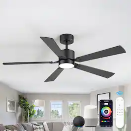 Breezary - 52-Inch RGB Ceiling Fan with Downrod, Acrylic Light Shade, LED Adjustable Light, RGB Color Cycle, 6-Speed Remote Control - Black and Walnut