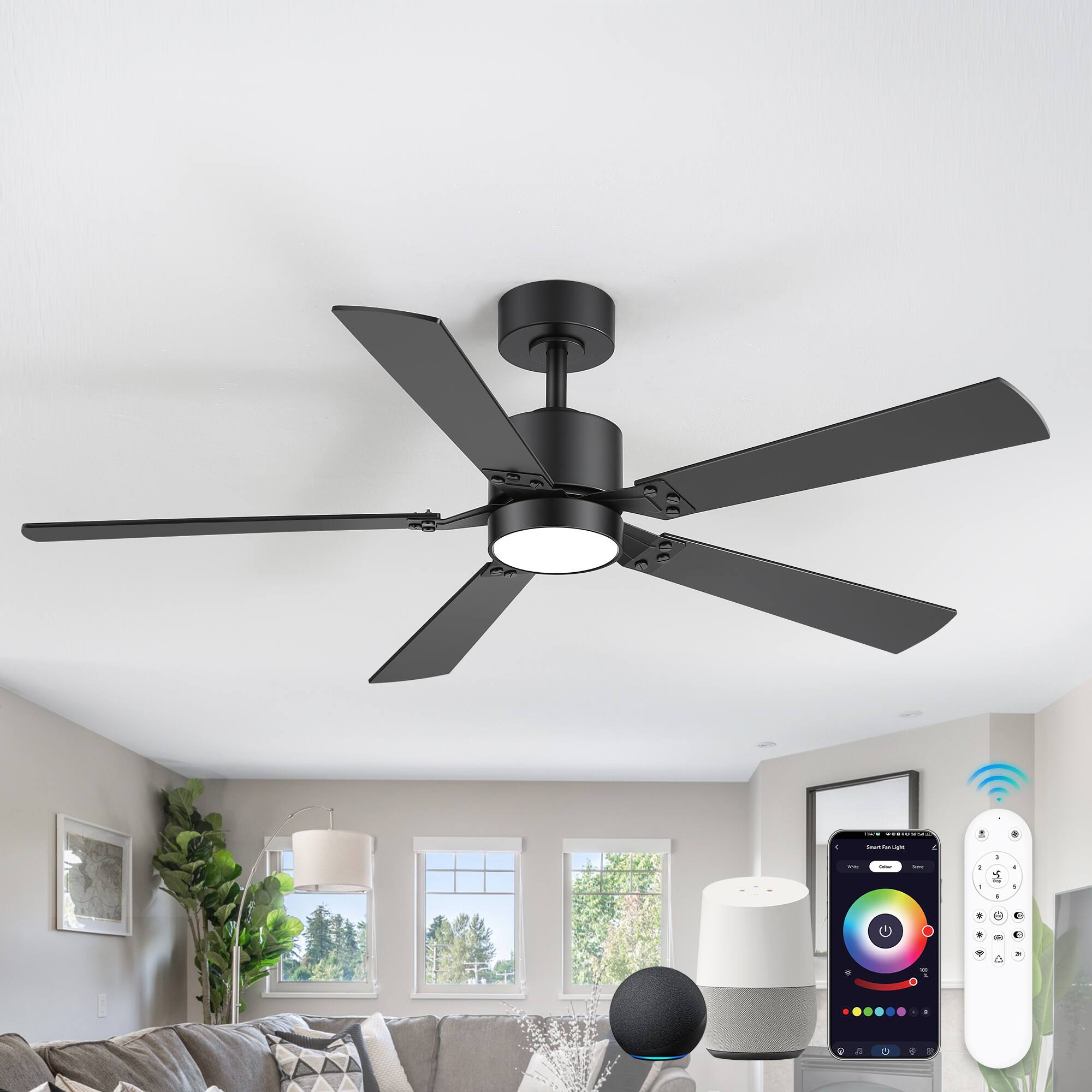 Front. Breezary - 52-Inch RGB Ceiling Fan with Downrod, Acrylic Light Shade, LED Adjustable Light, RGB Color Cycle, 6-Speed Remote Control - Black and Walnut.