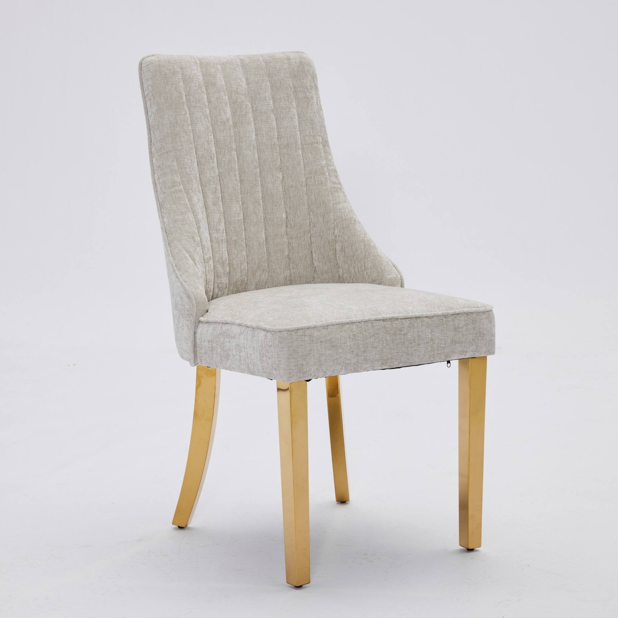 Left. GOODSILO - Luxury Chenille Fabric Upholstered Dining Chairs with Golden Stainless Steel Legs, Set of 2 - Beige.