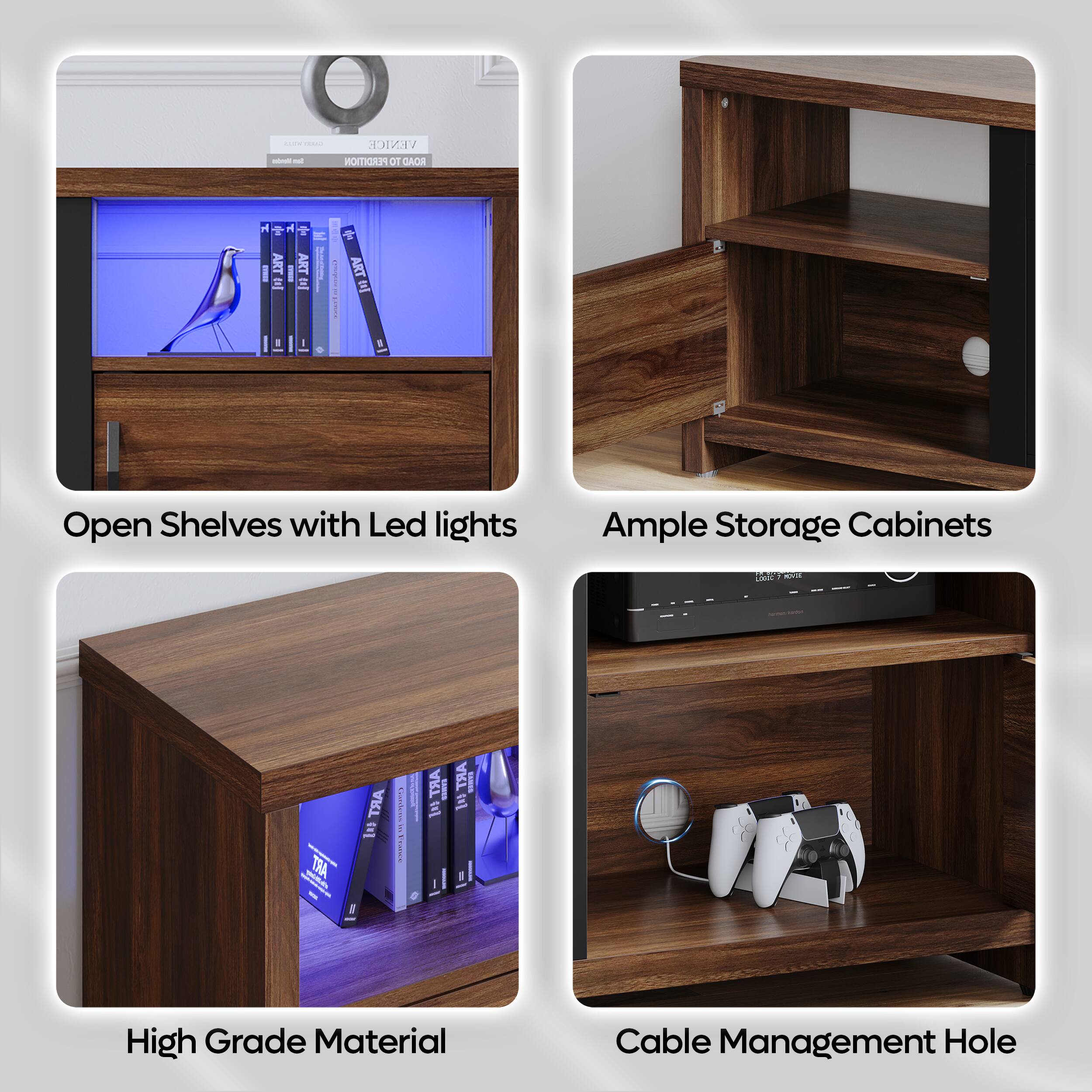 - Open Shelves with Led lights
- Ample Storage Cabinets
- High Grade Material
- Cable Management Hole