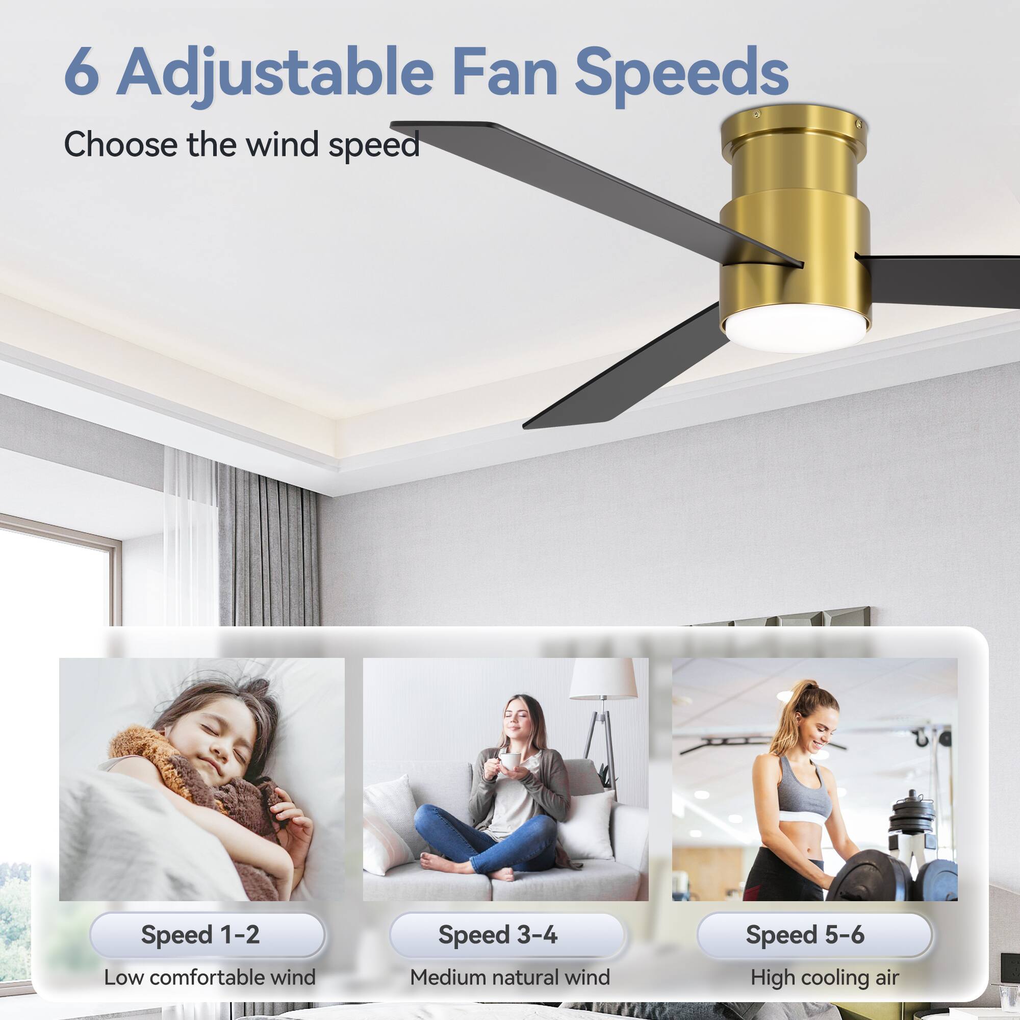 6 Adjustable Fan Speeds

Choose the wind speed

Speed 1-2 Low comfortable wind

Speed 3-4 Medium natural wind

Speed 5-6 High cooling air