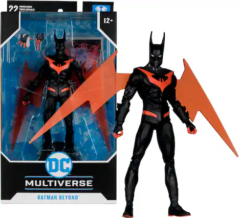 The image features a DC Multiverse Batman Beyond action figure. The figure is wearing a black and red costume and is holding a weapon. The figure is posed in a dynamic stance, showcasing its articulated limbs and accessories. The action figure is displayed in a box, which is designed to protect and showcase the toy. The packaging highlights the figure's unique features and the DC Multiverse branding.