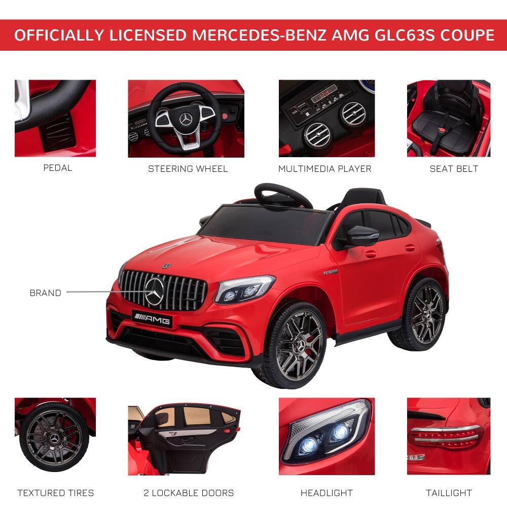 OFFICIALLY LICENSED MERCEDES-BENZ AMG GLC63S COUPE

PEDAL
STEERING WHEEL
MULTIMEDIA PLAYER
SEAT BELT
BRAND
TEXTURED TIRES
2 LOCKABLE DOORS
HEADLIGHT
TAILLIGHT