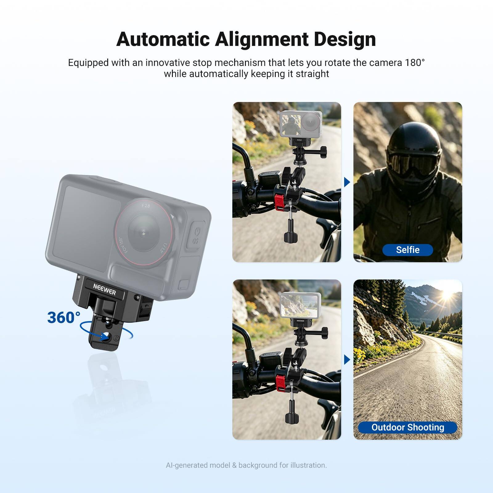 Automatic Alignment Design  
Equipped with an innovative stop mechanism that lets you rotate the camera 180° while automatically keeping it straight

F2.8  
155 FOV  
1/13*  
Selfie  
NEEWER 360  
Outdoor Shooting  

Al-generated model & background for illustration.